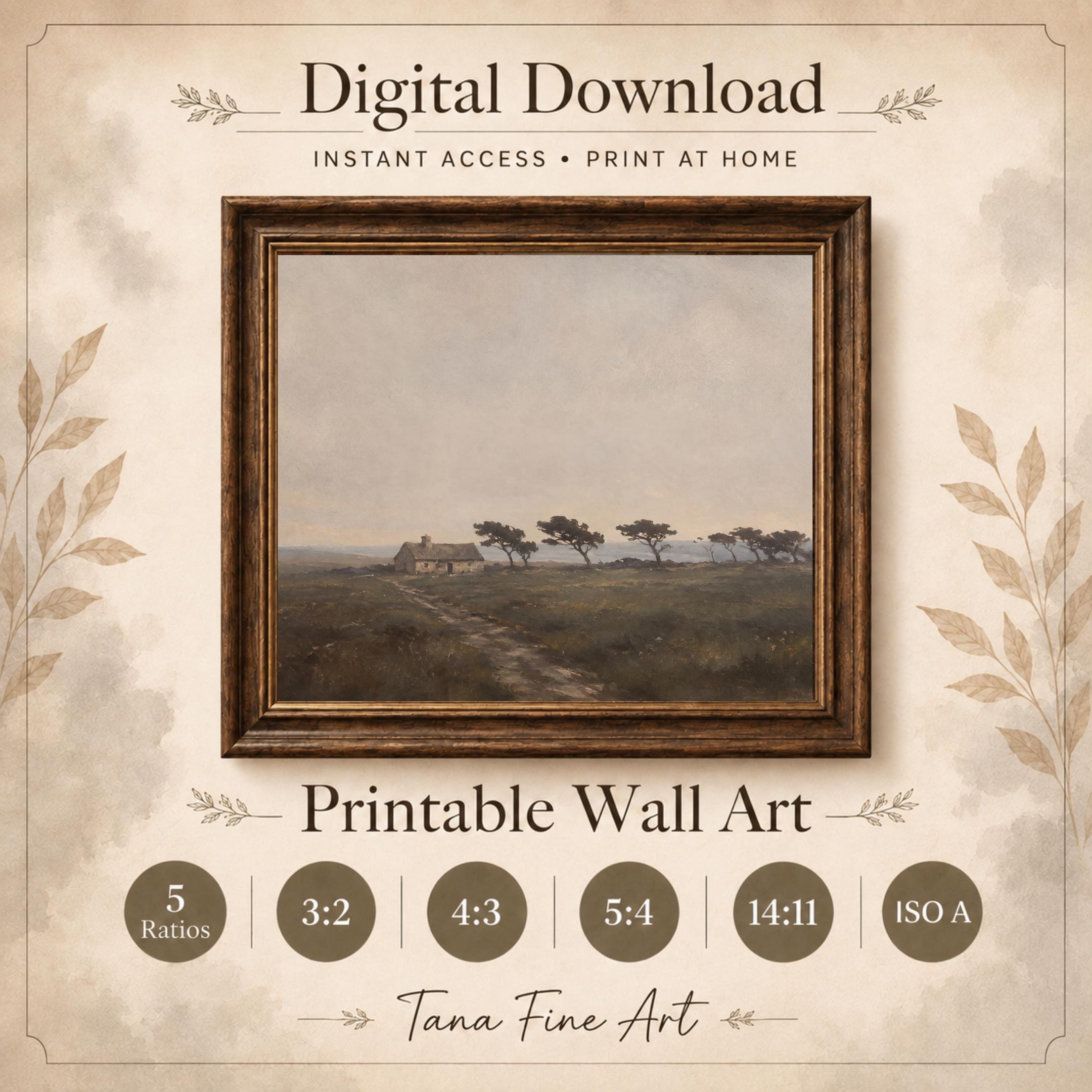 Vintage Stone Cottage Printable Wall Art, Windswept Trees Landscape, Neutral Rustic Countryside Digital Download — image 9