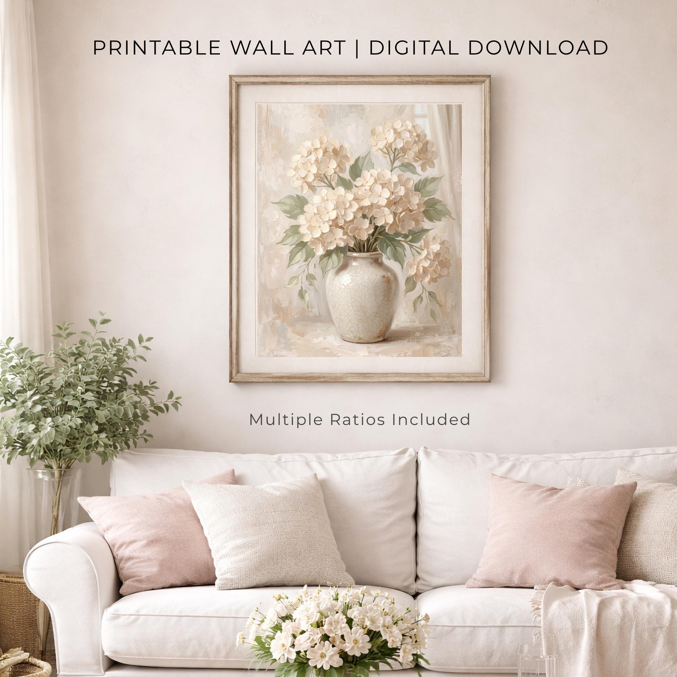 Neutral Floral Prints | White Hydrangea Printable Wall Art | Floral Vase Print (Digital Download) — image 3