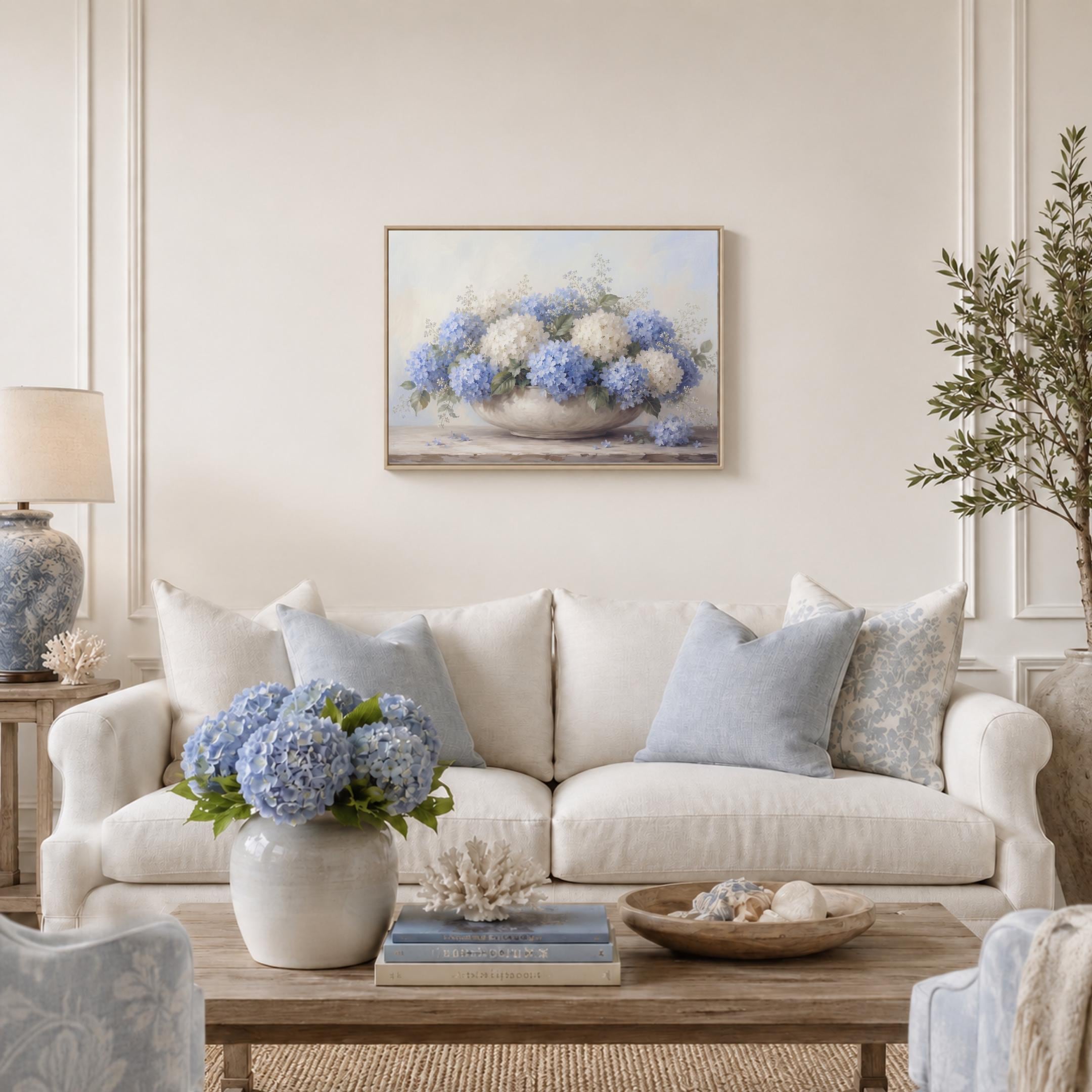 Blue Hydrangea Wall Art, Coastal Summer Neutral Floral Prints in Low Bowl (Digital Download) — image 4