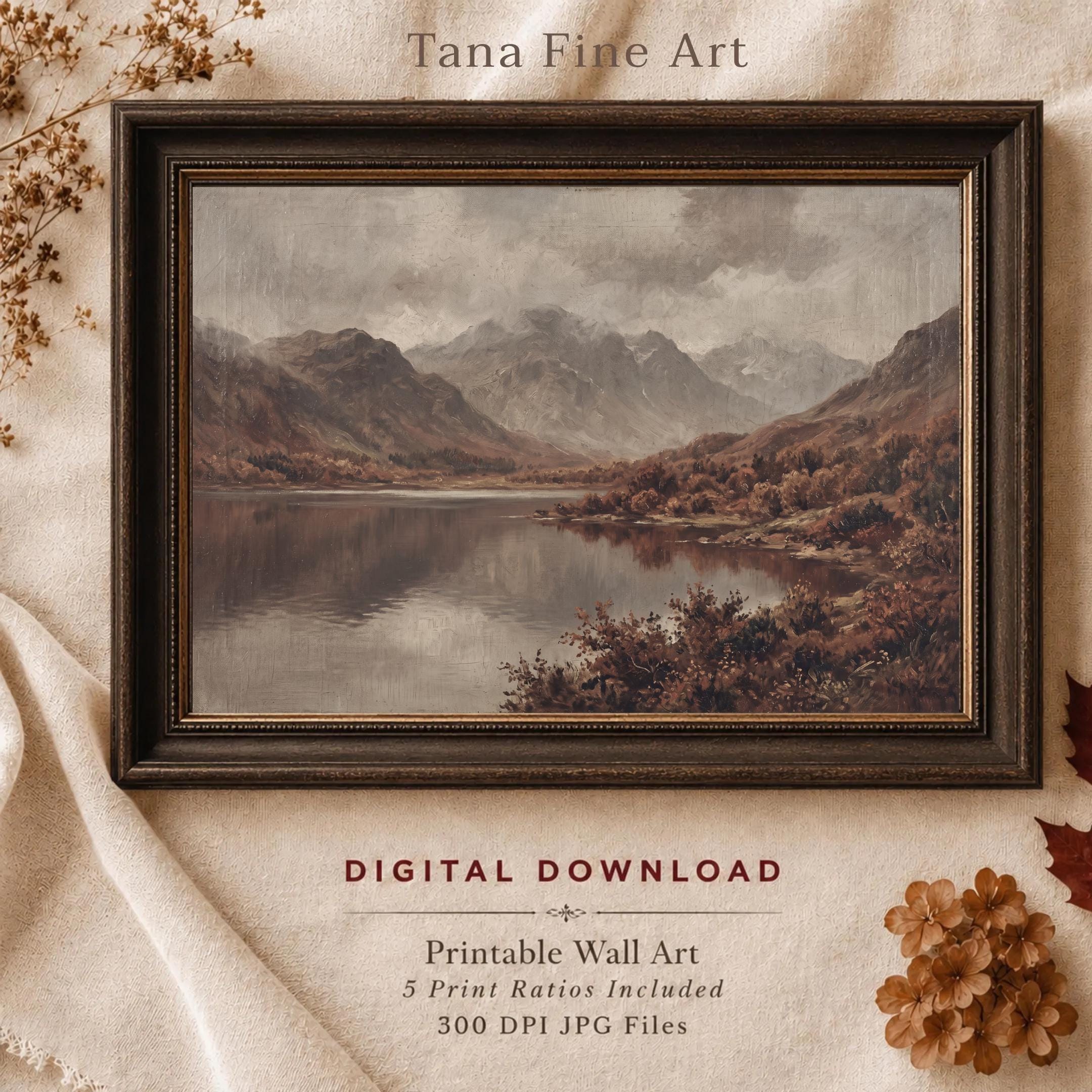 Vintage Autumn Lake Printable Wall Art, Misty Mountain Landscape, Earthy Rustic Cabin Digital Download