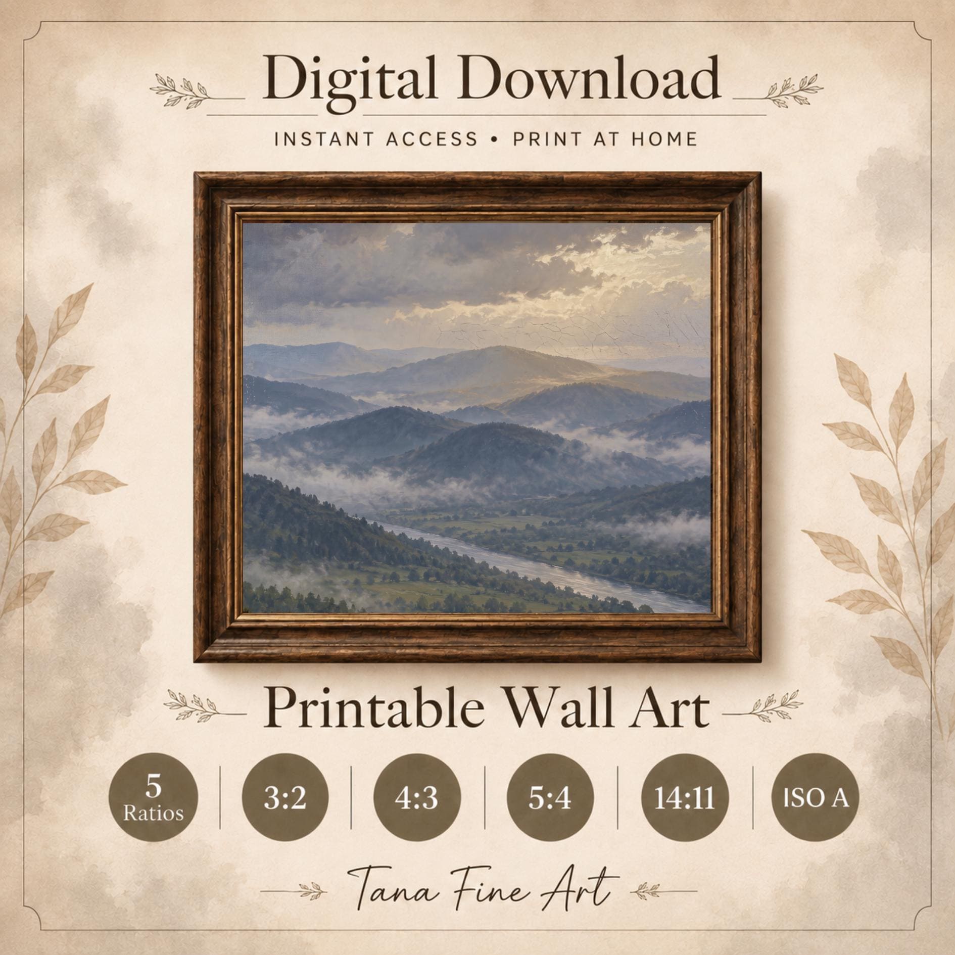 Misty Mountain Valley Printable Wall Art, Serene Blue Landscape Nature Home Decor Digital Download — image 7