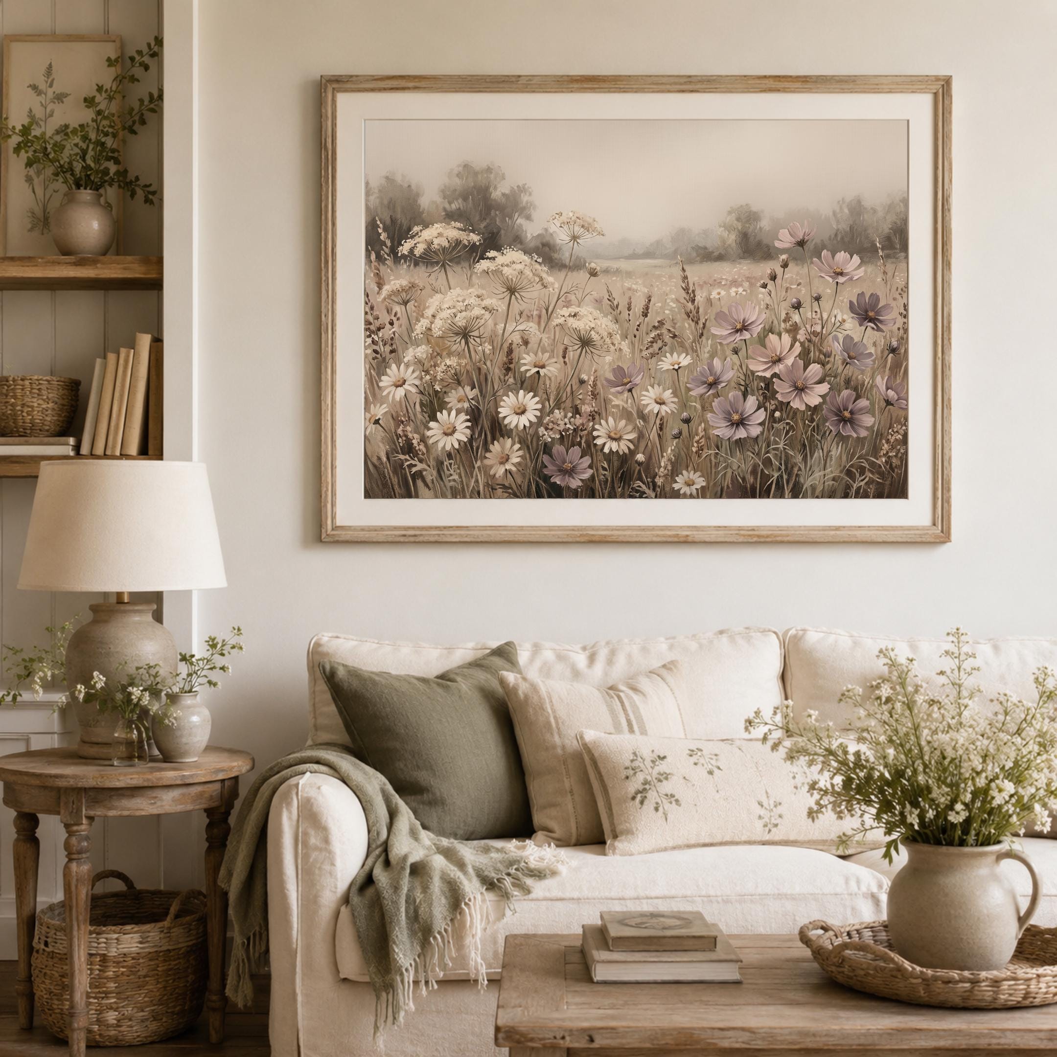 Neutral Floral Landscape Print, Wildflower Meadow Wall Art, Soft Cottage Prints (Digital Download) — image 5