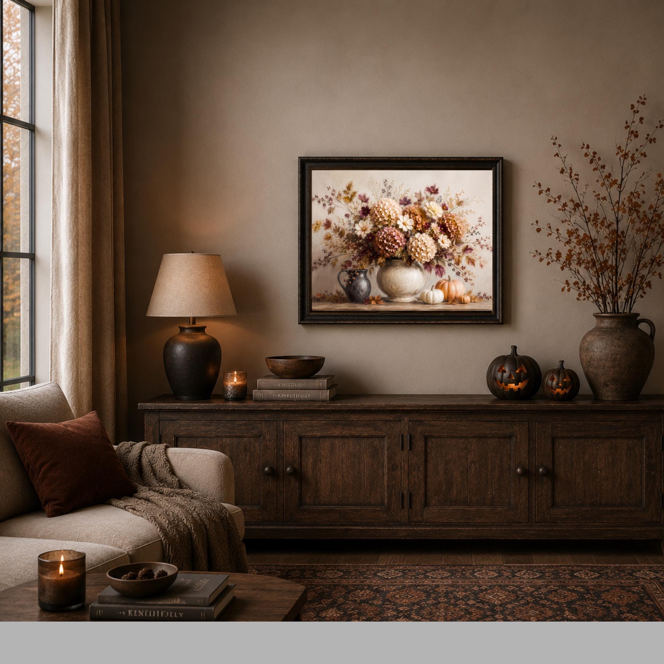 Fall Floral Centerpiece Wall Art, Pumpkin Hydrangea Still Life Print, Thanksgiving Decor (Digital Download) — image 4
