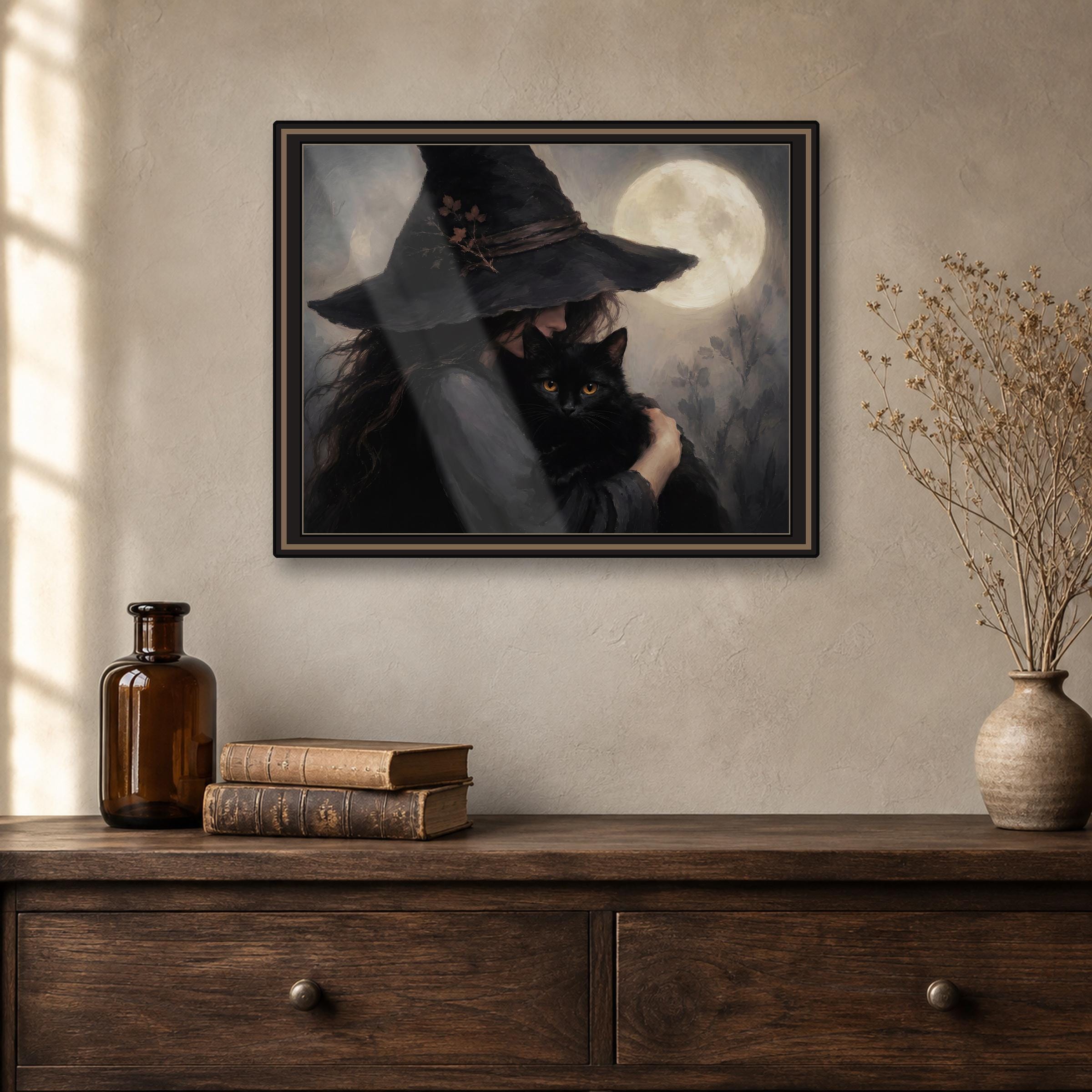 Halloween Witch Wall Art Printables | Black Cat Moon Print | Dark Gothic Decor Digital Download — image 3