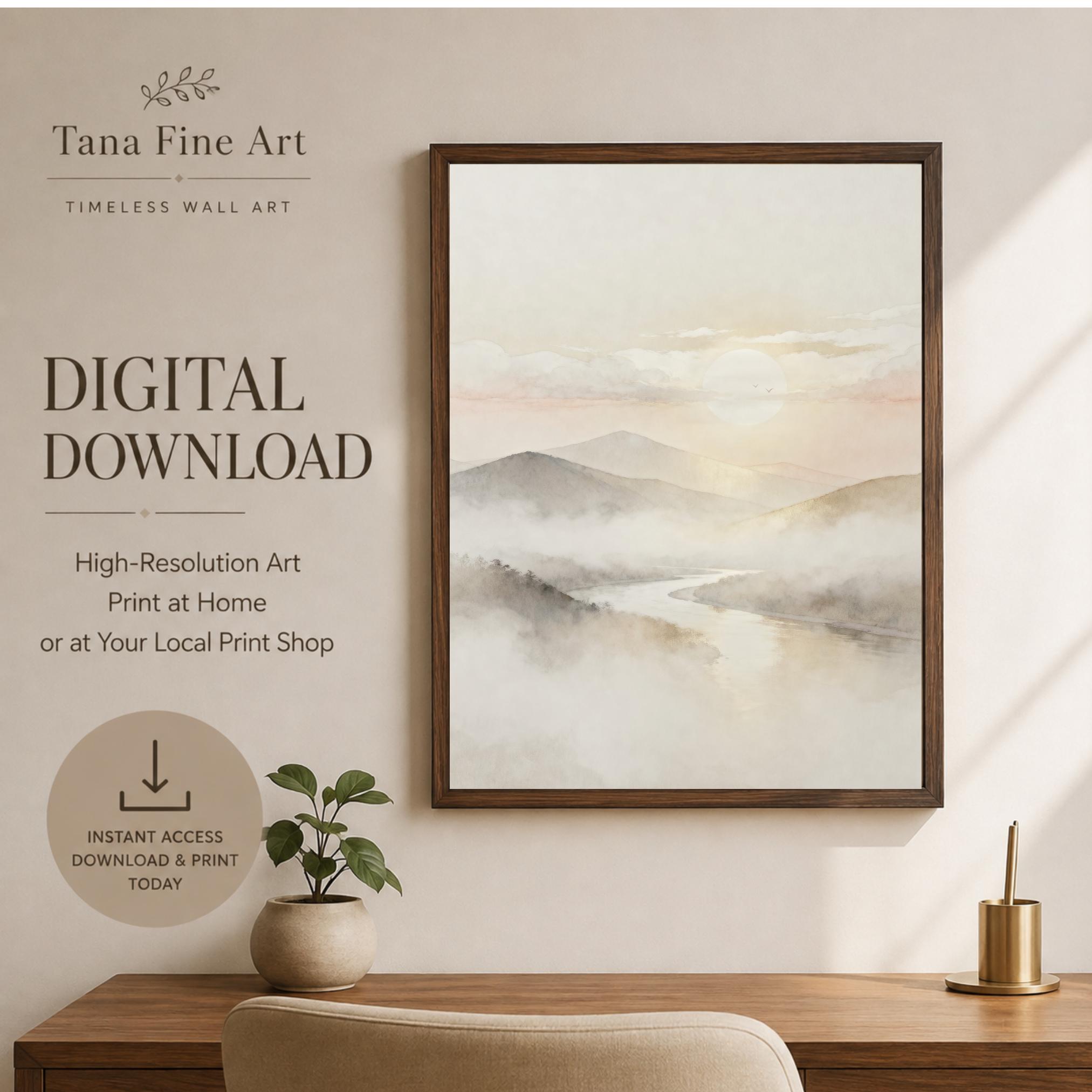 Neutral Mountain River Printable Wall Art, Misty Watercolor Landscape, Japandi Decor Digital Download — image 3