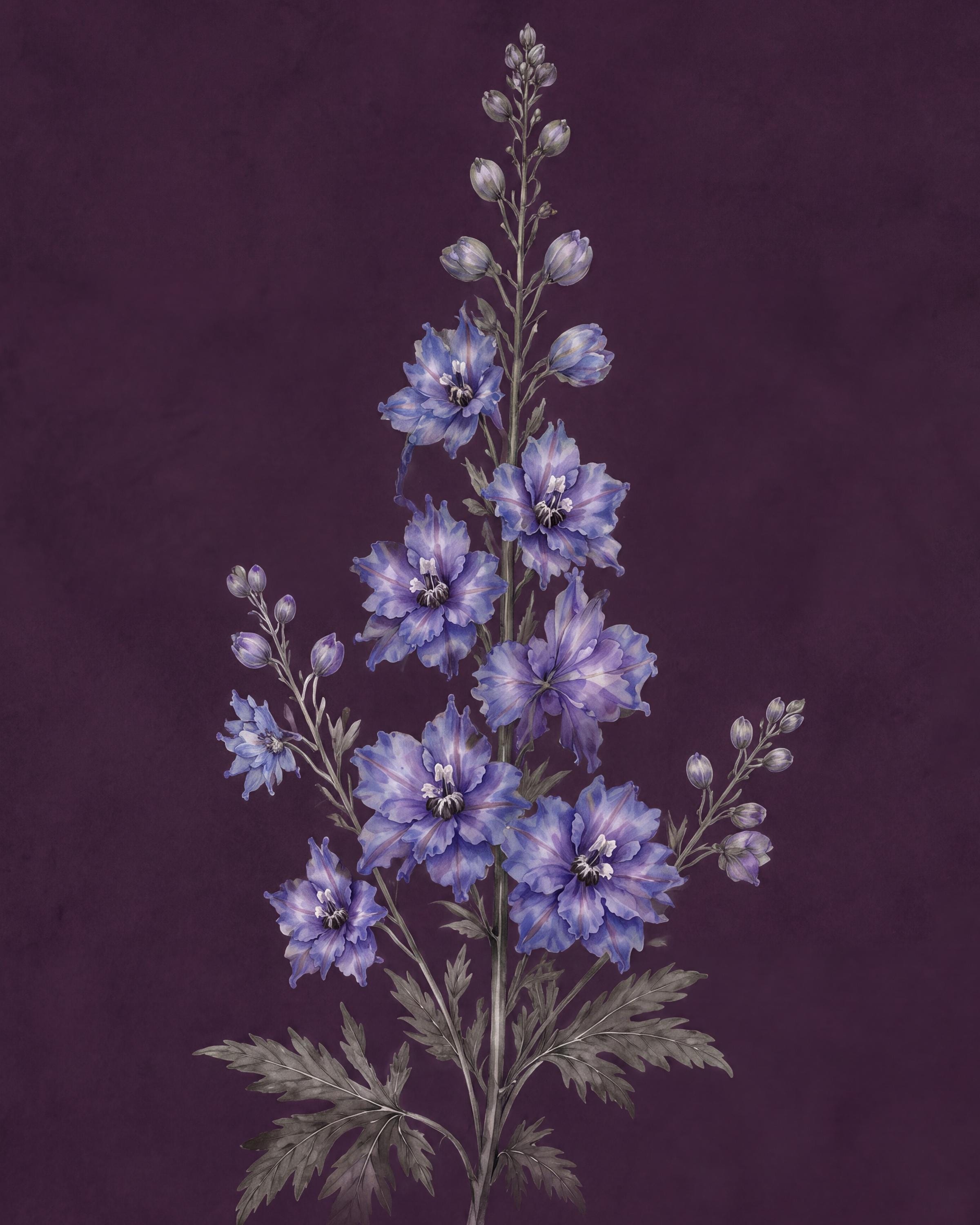 Dark July Birth Flower Print | Larkspur Wall Art | Dark Botanical Digital Download — image 3
