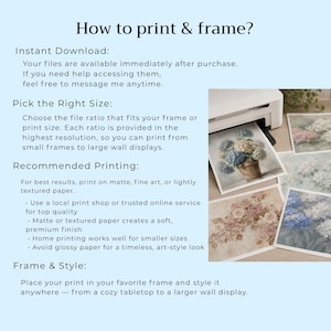 May include: An informational graphic titled How to print & frame? with text instructions for digital art downloads. To the right, a white printer sits on a surface with several printed sheets featuring floral illustrations of blue and pink hydrangeas.