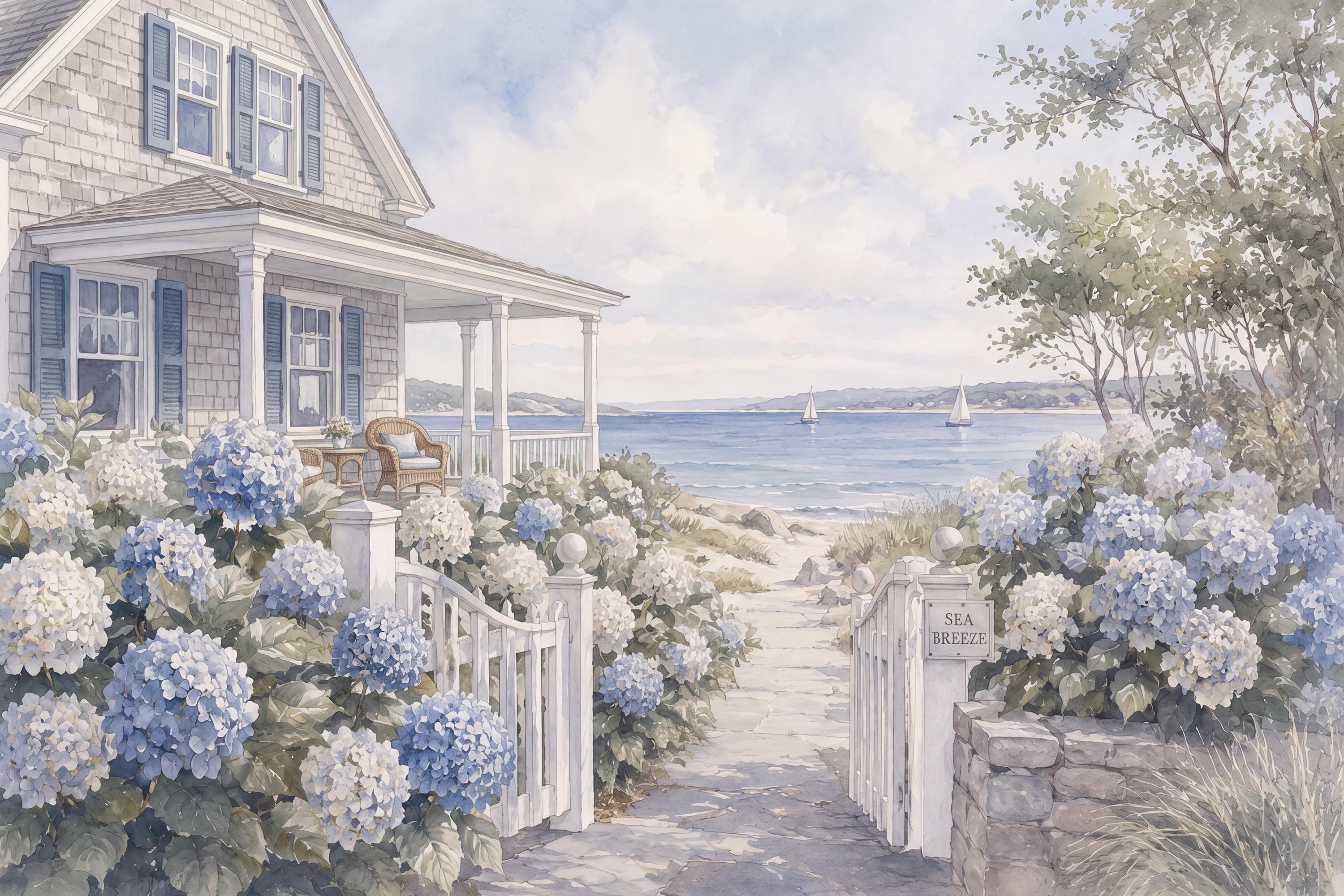 Coastal Beach House Wall Art, Hydrangea Cottage Print, Hamptons Style Seaside Decor (Digital Download) — image 2