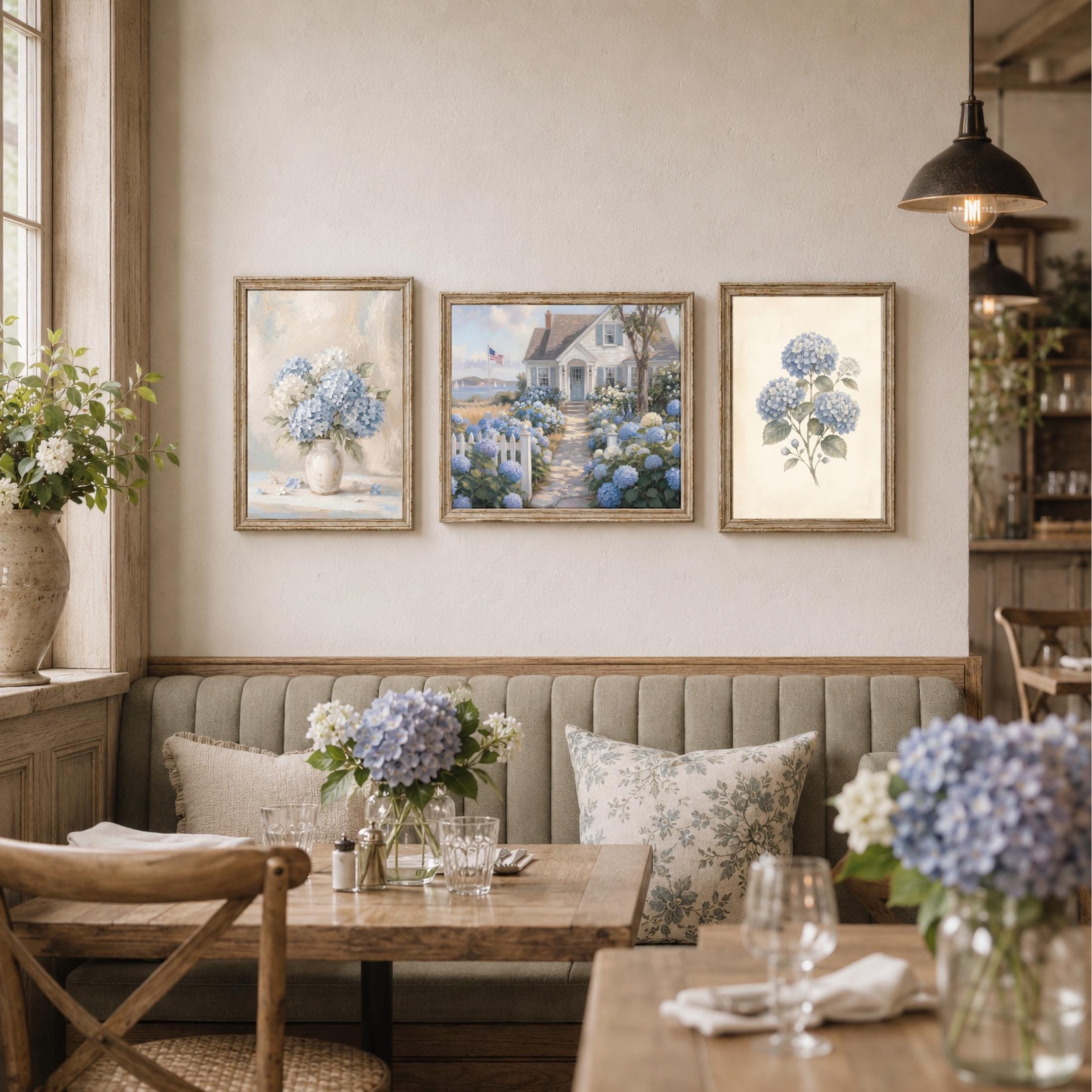 Gallery Wall Set of 3 Blue Hydrangea Art Prints, Coastal Cottage Decor (Digital Download) — image 3