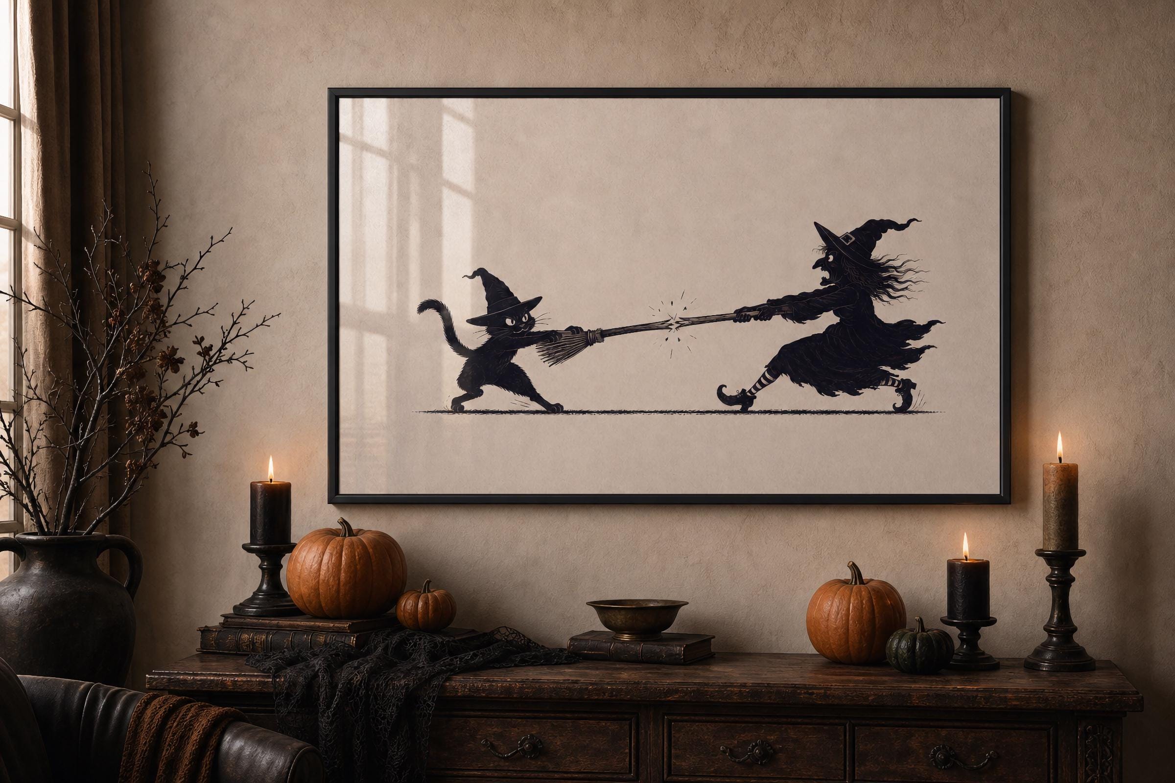 Funny Halloween Silhouette Wall Art, Black Cat Witch Printable, Vintage Witchy Decor, Digital Download — image 5