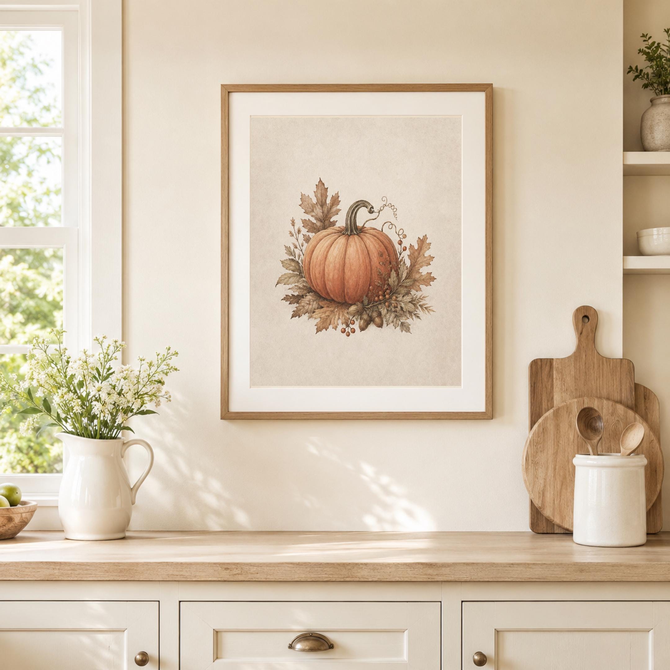 Vintage Pumpkin Wall Art, Fall Leaves Botanical, Rustic Farmhouse Autumn Decor, Printable Digital Download — image 3