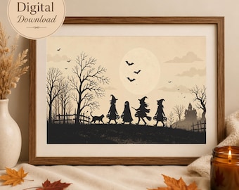 Halloween Wall Art, Silhouette Trick or Treat Witch Moon, Spooky Decor (Halloween  Digital Download)