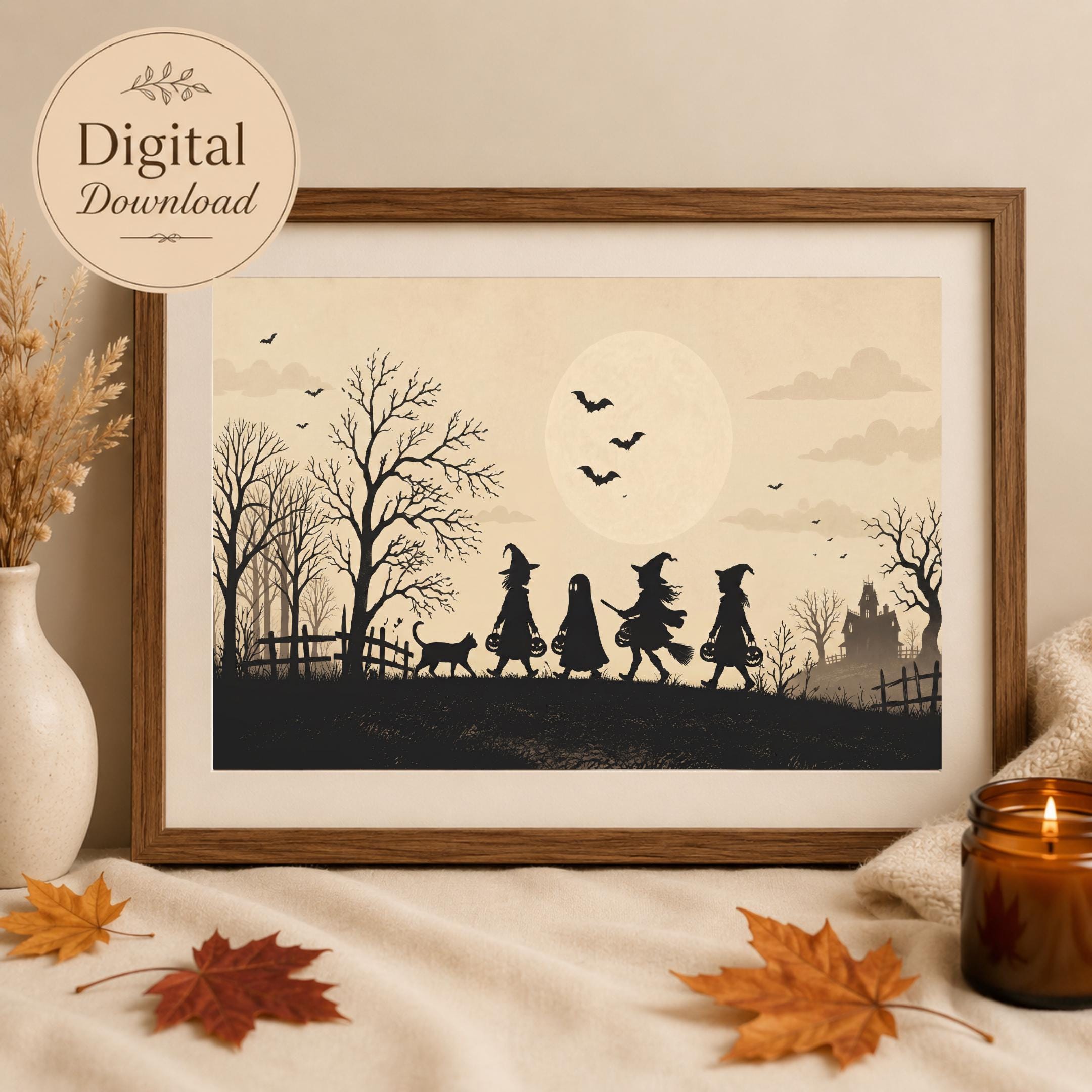 Halloween Wall Art, Silhouette Trick or Treat Witch Moon, Spooky Decor (Halloween  Digital Download)