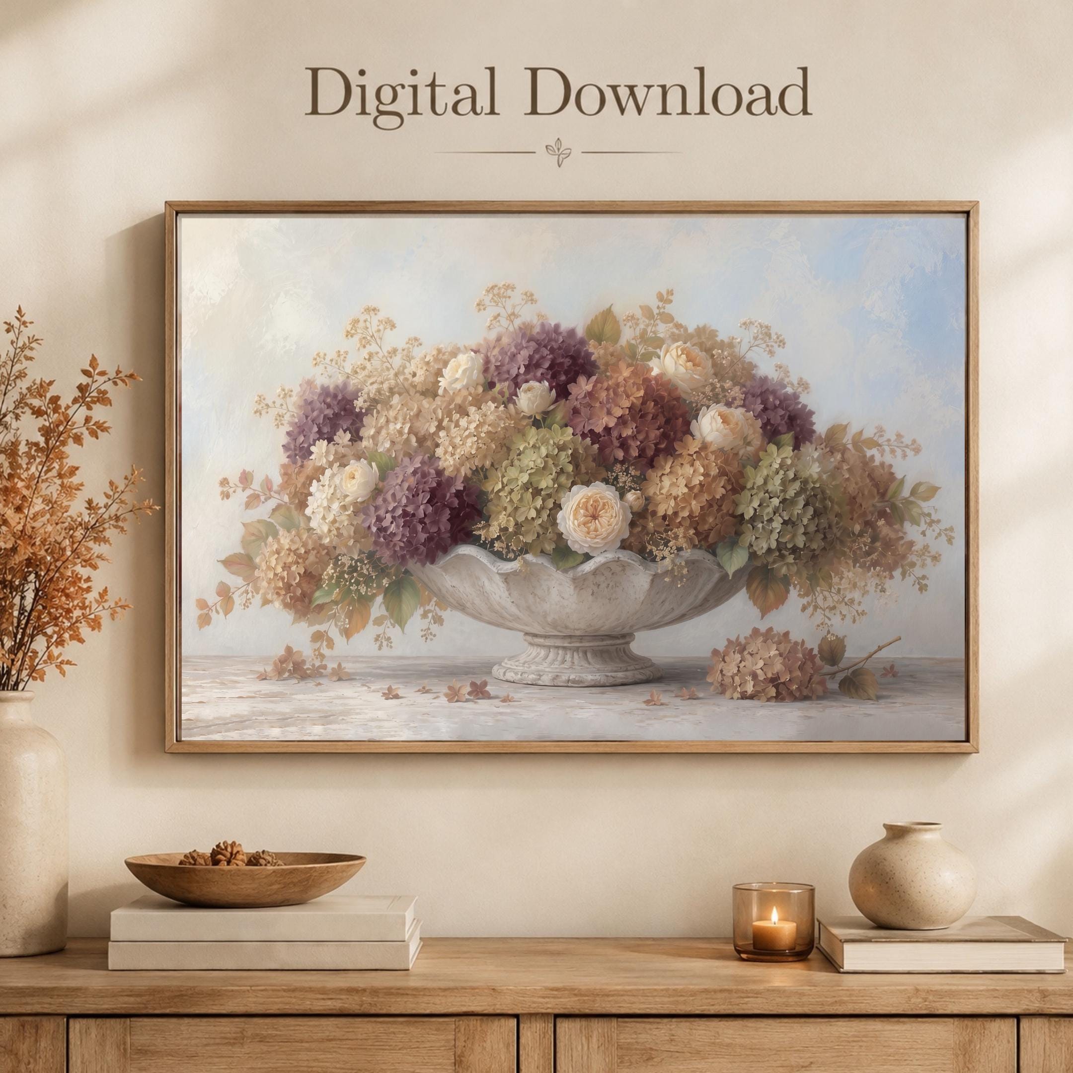 Hydrangea Fall Wall Art, Autumn Floral French Low Bowl, Muted Cottage Decor (Digital Download)