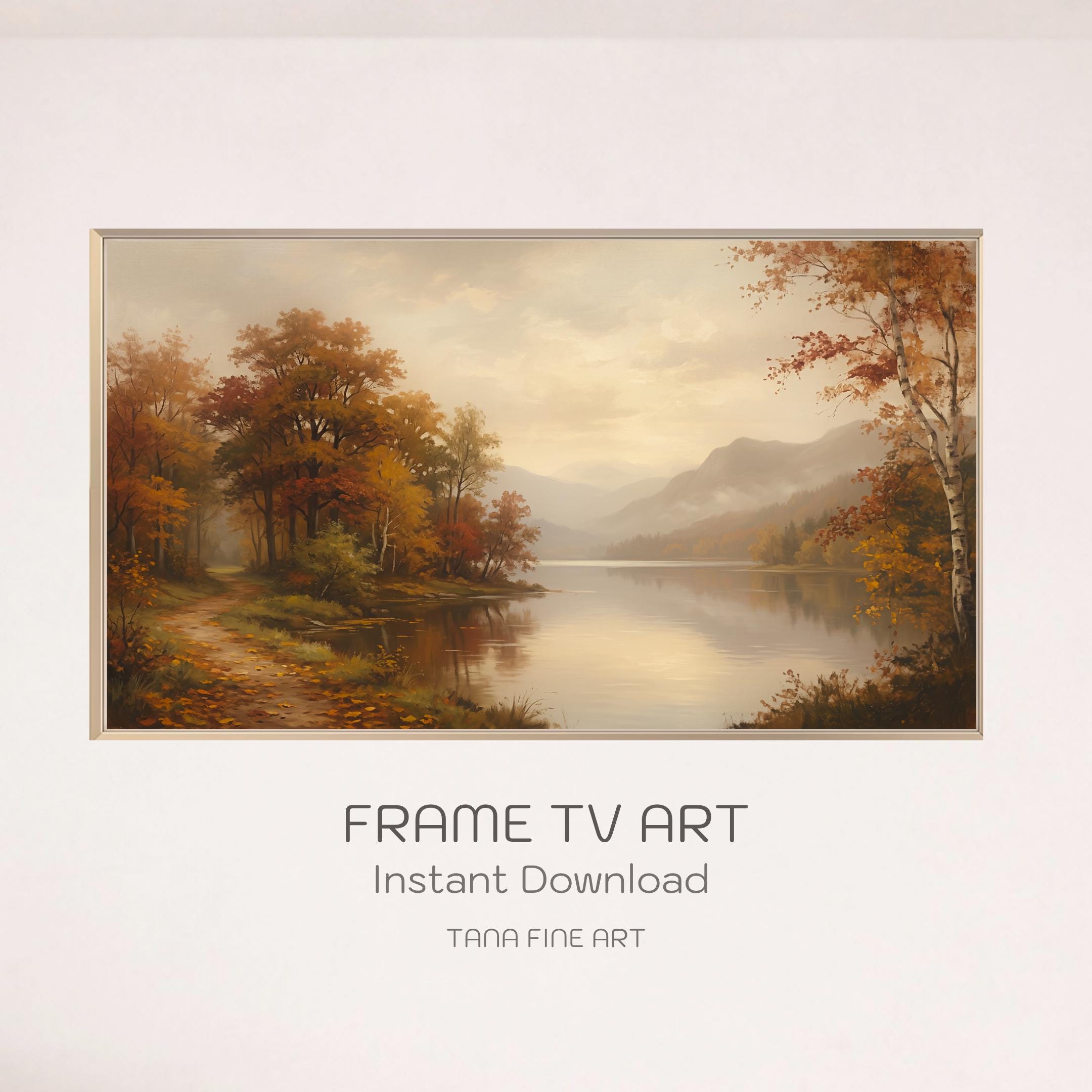 Lake Mountain Fall Frame TV Art | Moody Autumn Landscape Samsung TV Digital Download