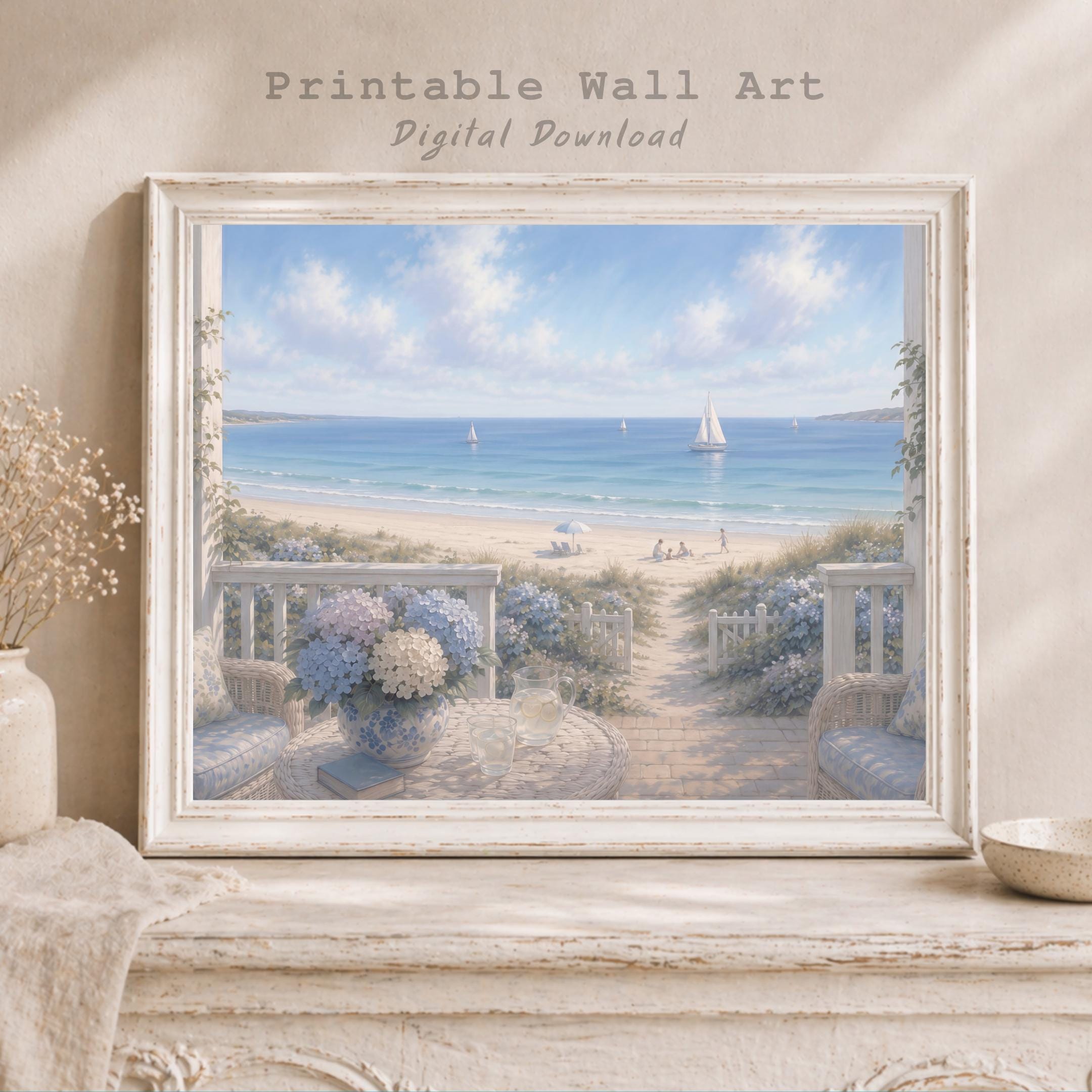 Summer Coastal Hydrangea Porch Printable Wall Art, Beach Cottage Ocean View Decor Digital Download — image 8
