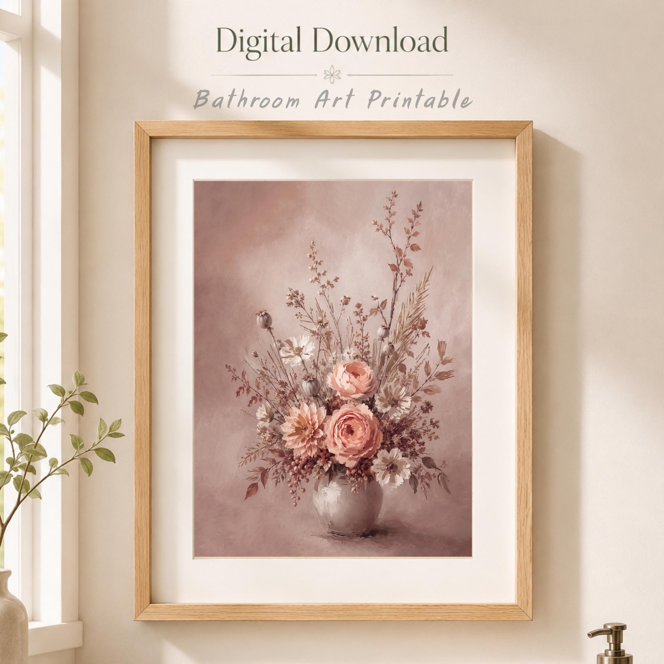 Neutral Floral Vase Print, Blush Roses Cosmos Autumn Wall Decor (Digital Download) — image 5