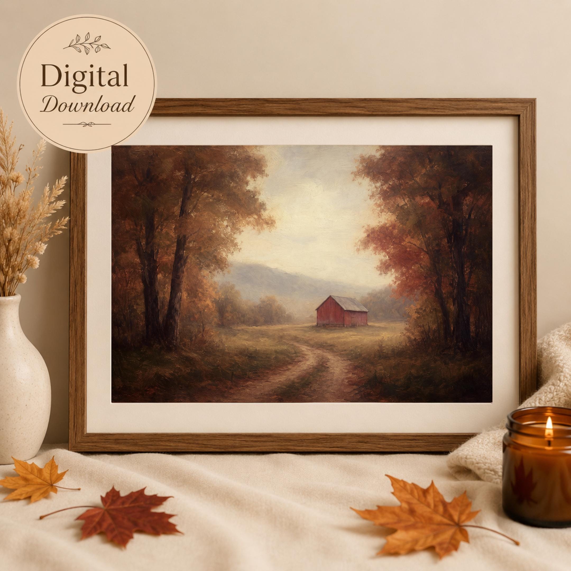 Moody Fall Barn Forest Landscape Wall Art | Vintage Autumn Print | Rustic Printable Digital Download — image 4