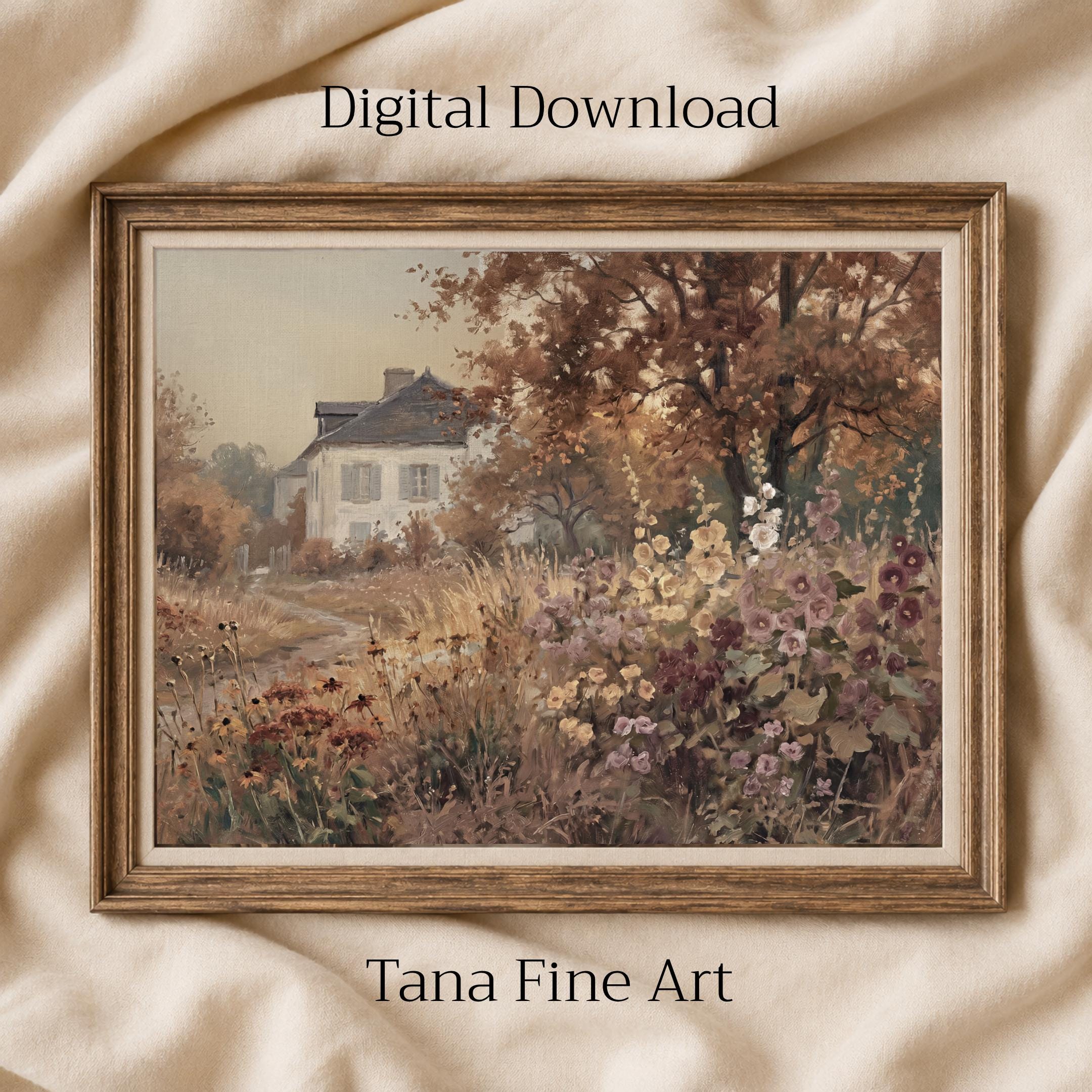 Vintage Fall Cottage Wall Art, Floral Landscape Print, English Garden Art Prints (Digital Download)