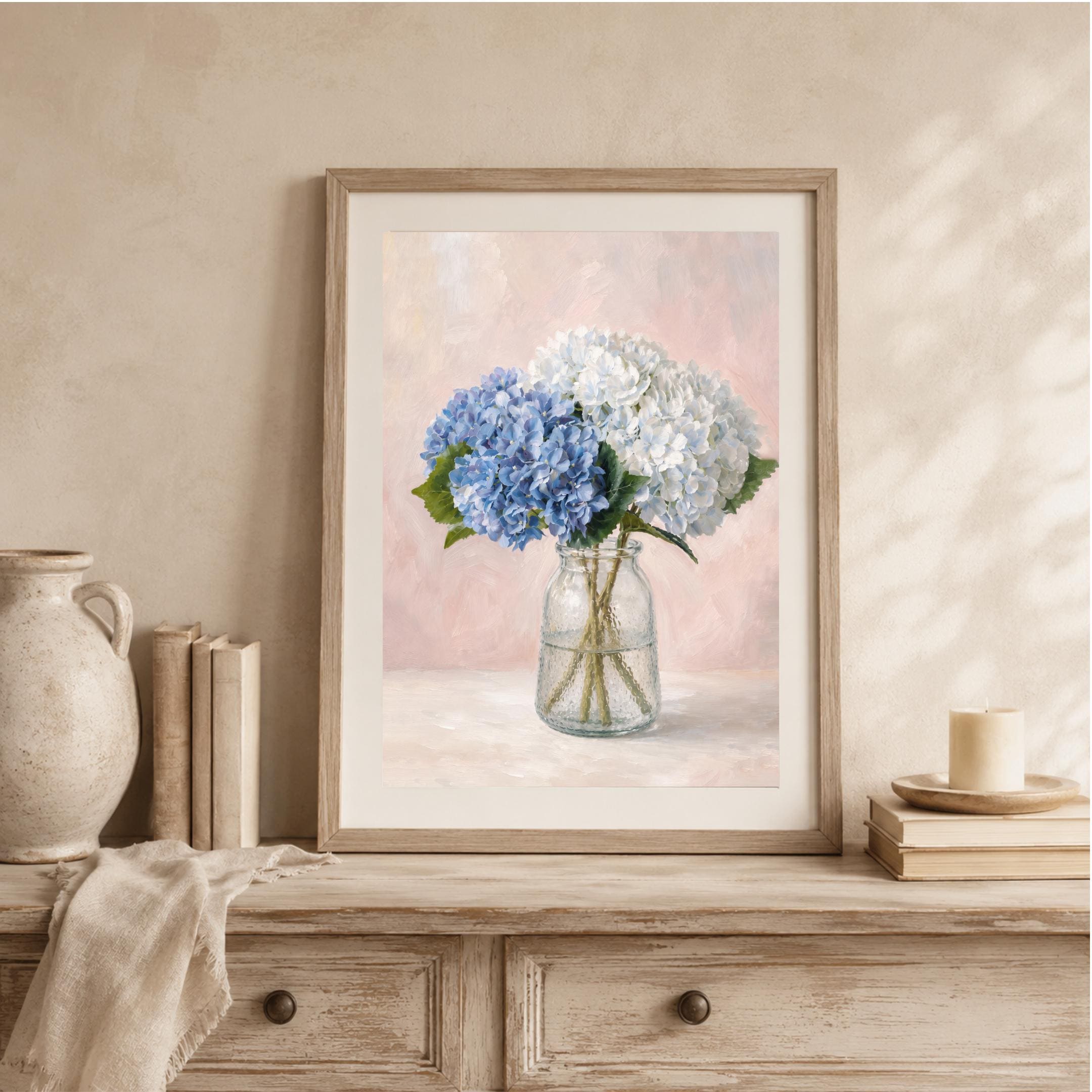 Blue Hydrangea Floral Vase, Neutral Floral Prints, Soft Pink Cottage Wall Art (Digital Download) — image 5