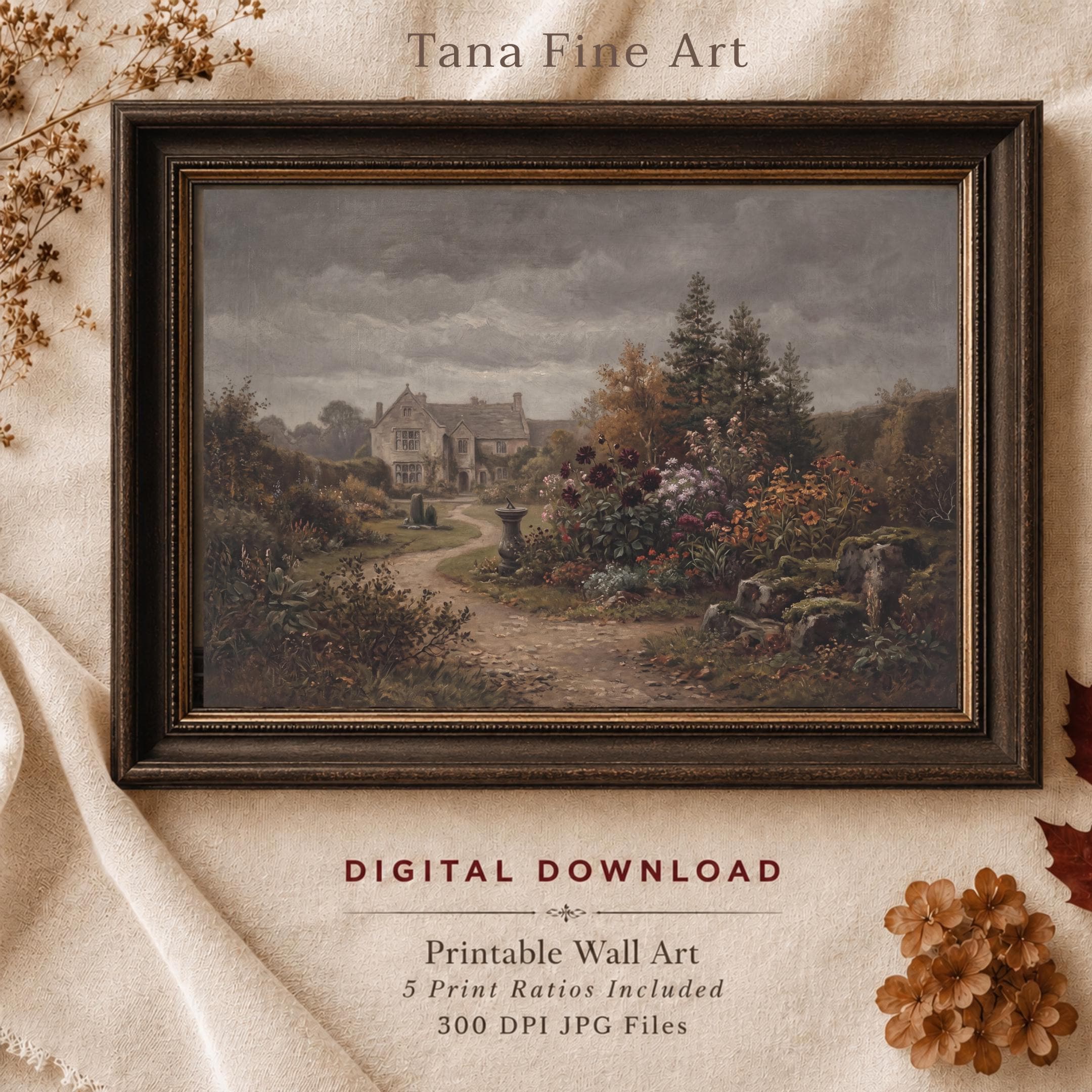 Moody Fall English Garden Art, Rustic Landscape Print, Vintage Cottage Manor (Digital Download)