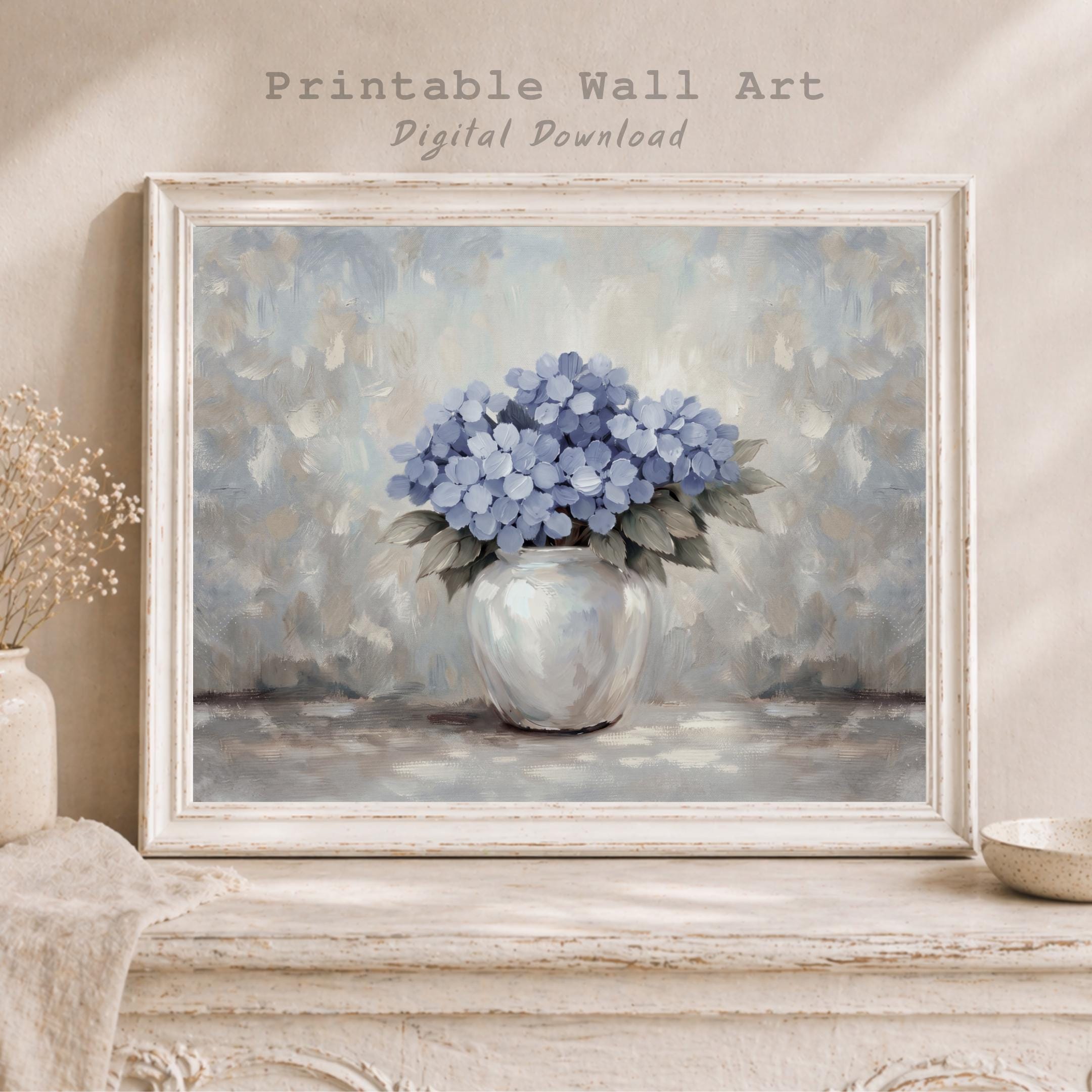 Vintage Blue Hydrangea Wall Art Print, Farmhouse Floral Vase Prints (Digital Download) — image 3