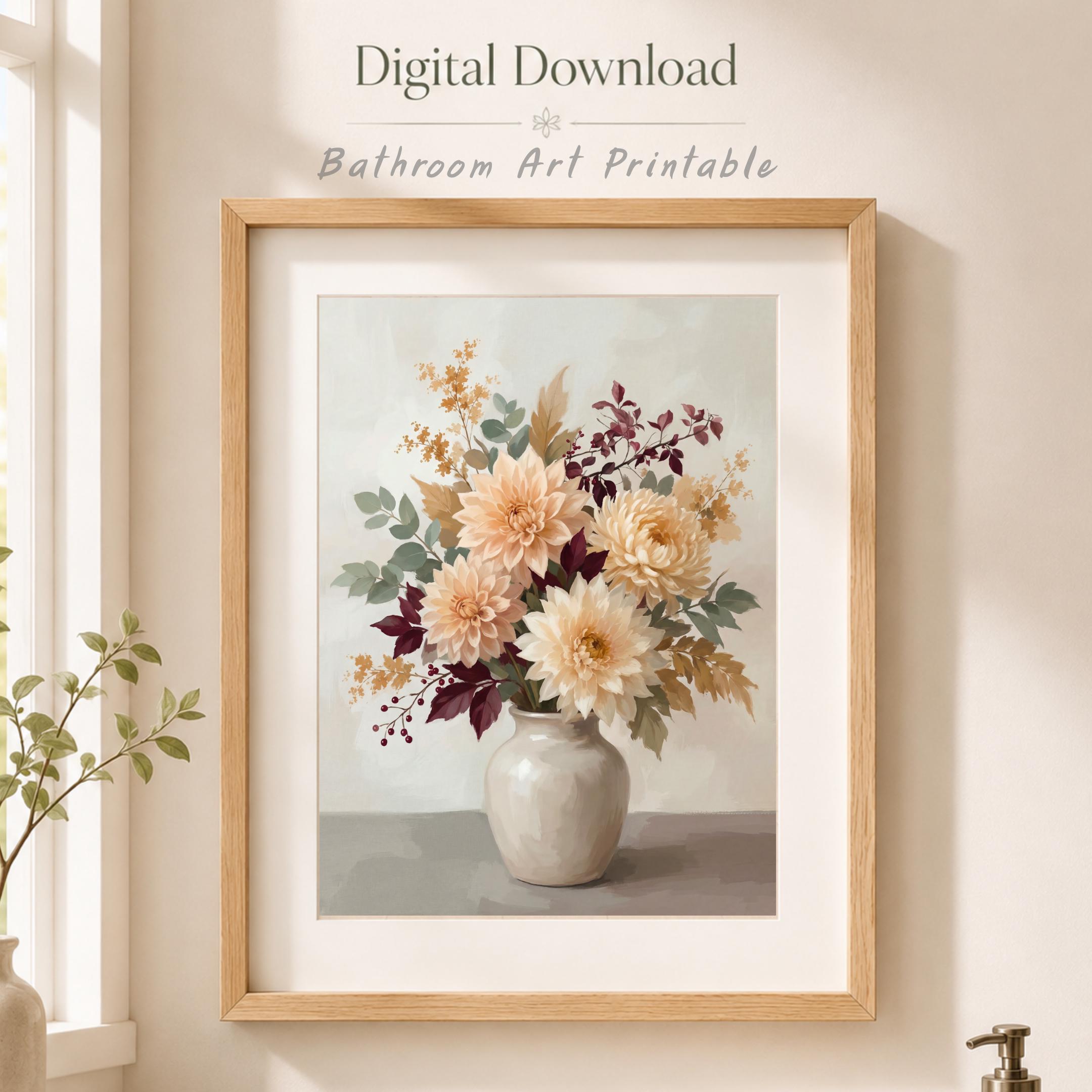 Fall Dahlia Wall Art, Cream Floral Vase Print, Burgundy Autumn Leaf Decor (Digital Download) — image 2