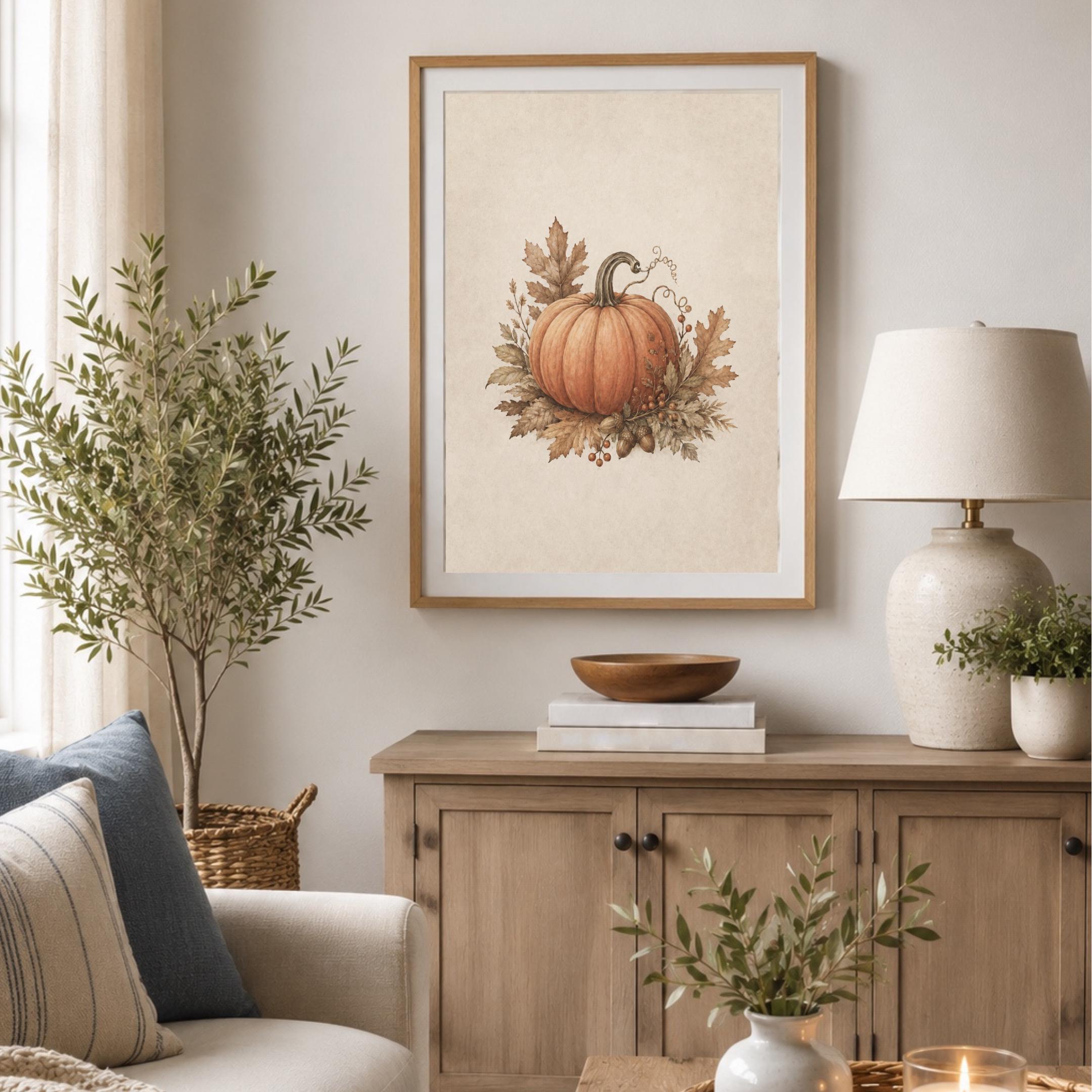 Vintage Pumpkin Wall Art, Fall Leaves Botanical, Rustic Farmhouse Autumn Decor, Printable Digital Download — image 4
