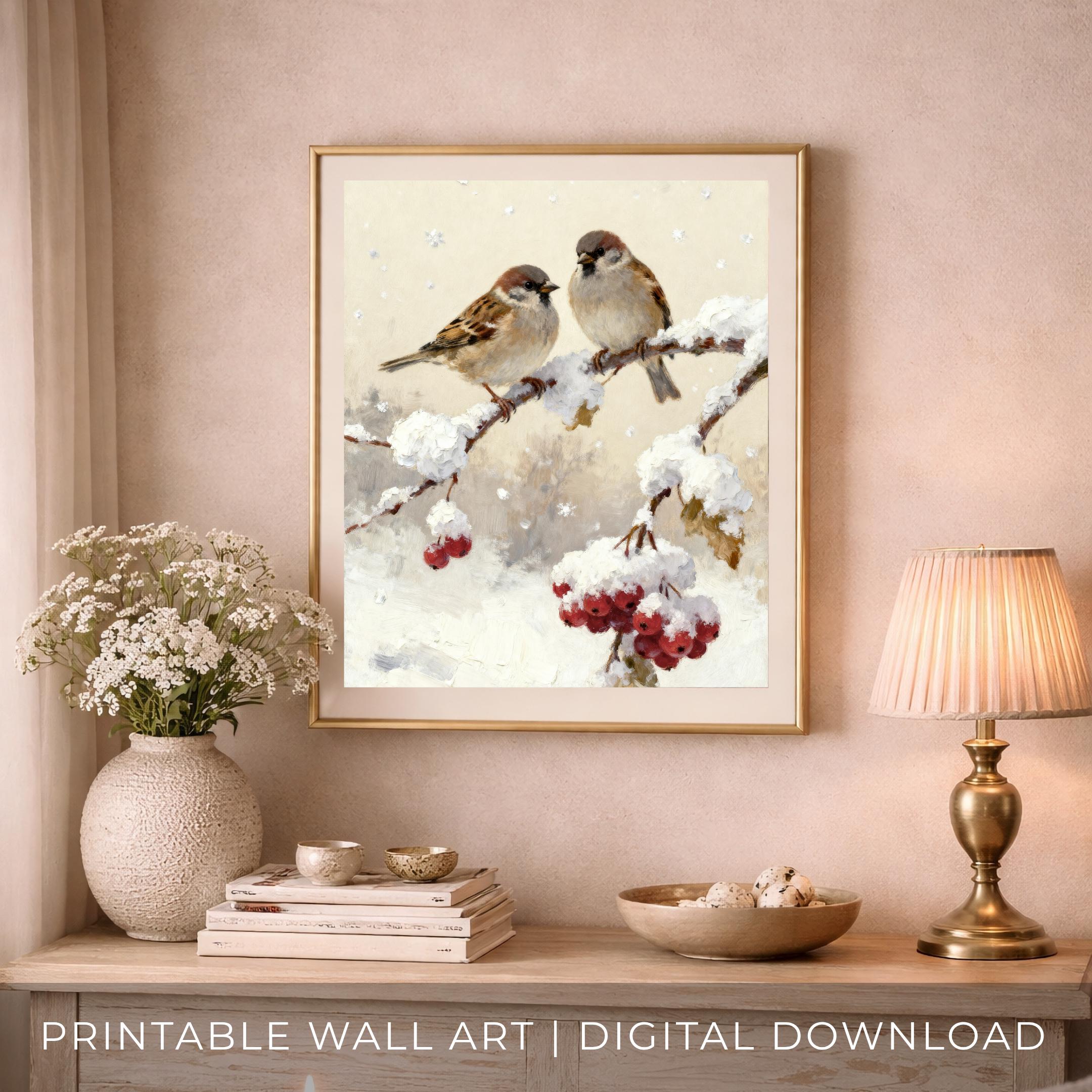Winter Bird Wall Art Printable | Cozy Sparrows Snowy Branch (Digital Download) — image 2