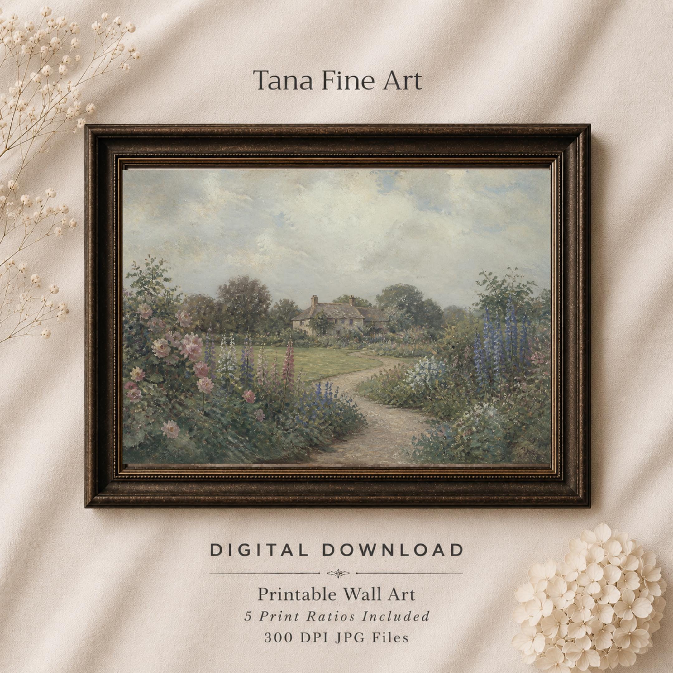 English Cottage Garden Printable Wall Art, Vintage Flower Path Landscape, Romantic Grandmillennial Digital Download