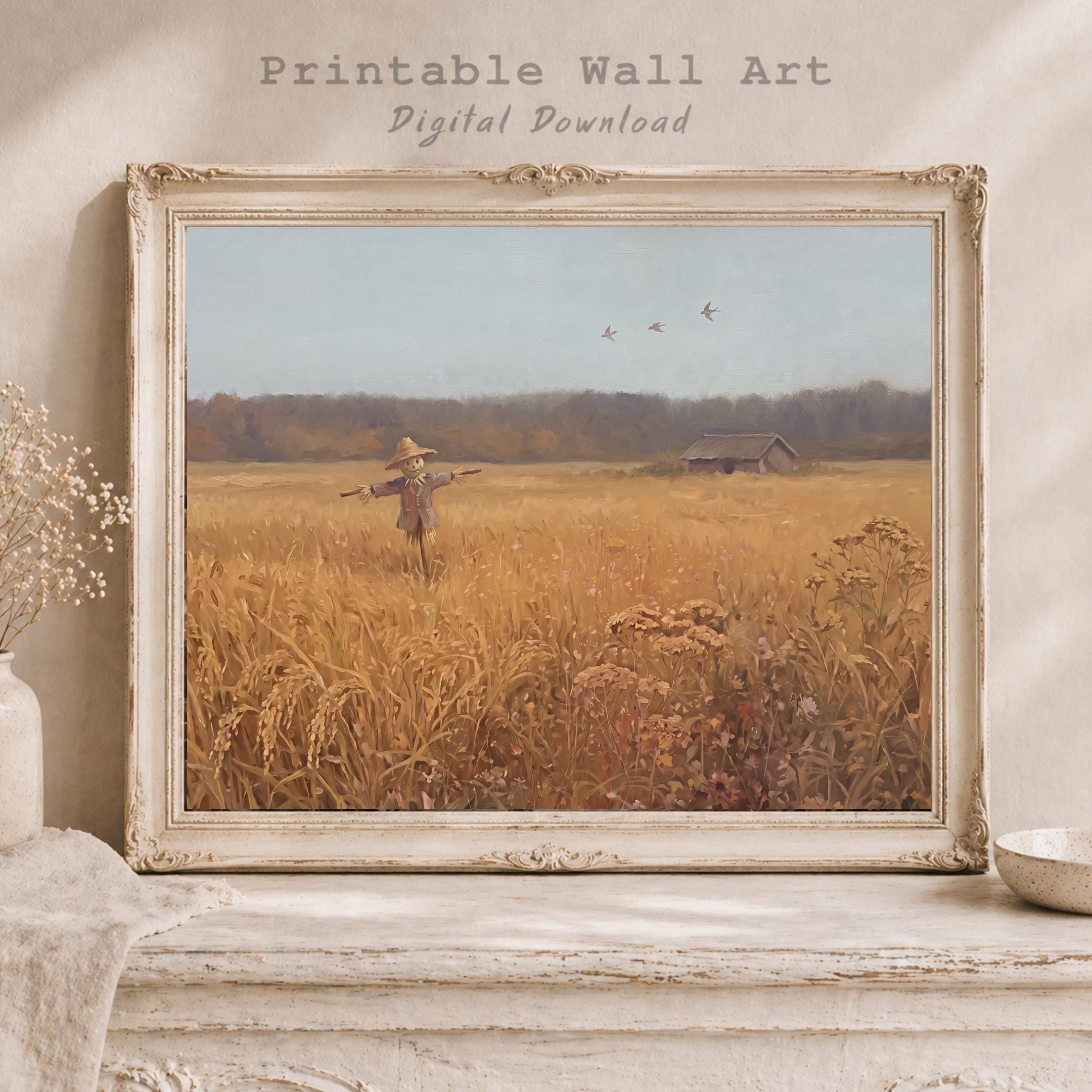 Fall Harvest Field Wall Art, Scarecrow Autumn Landscape Print, Rustic Farmhouse Decor (Digital Download) — image 7