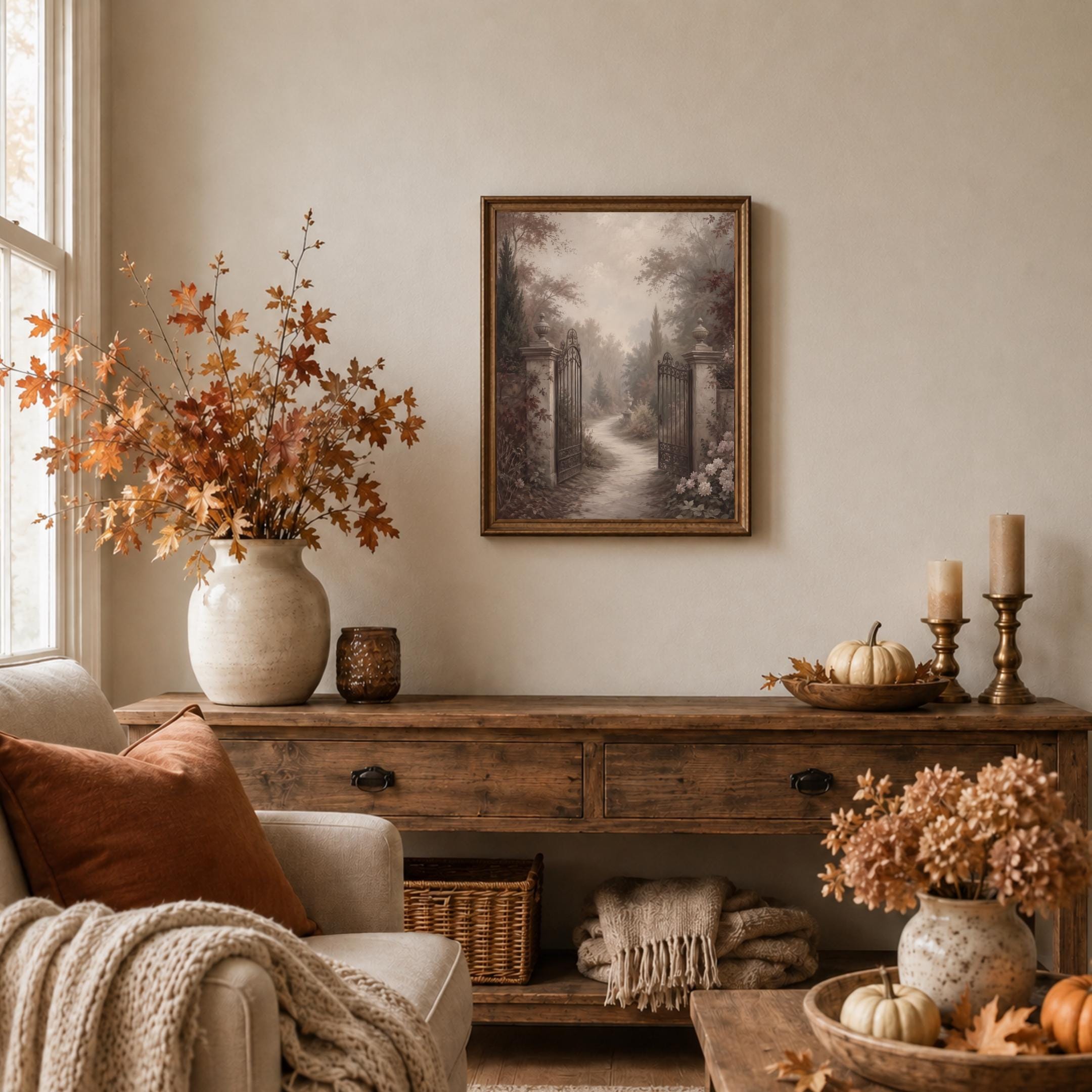 Autumn Secret Garden Wall Art, Vintage Garden Gate Path, Moody Fall Decor, Digital Download — image 4