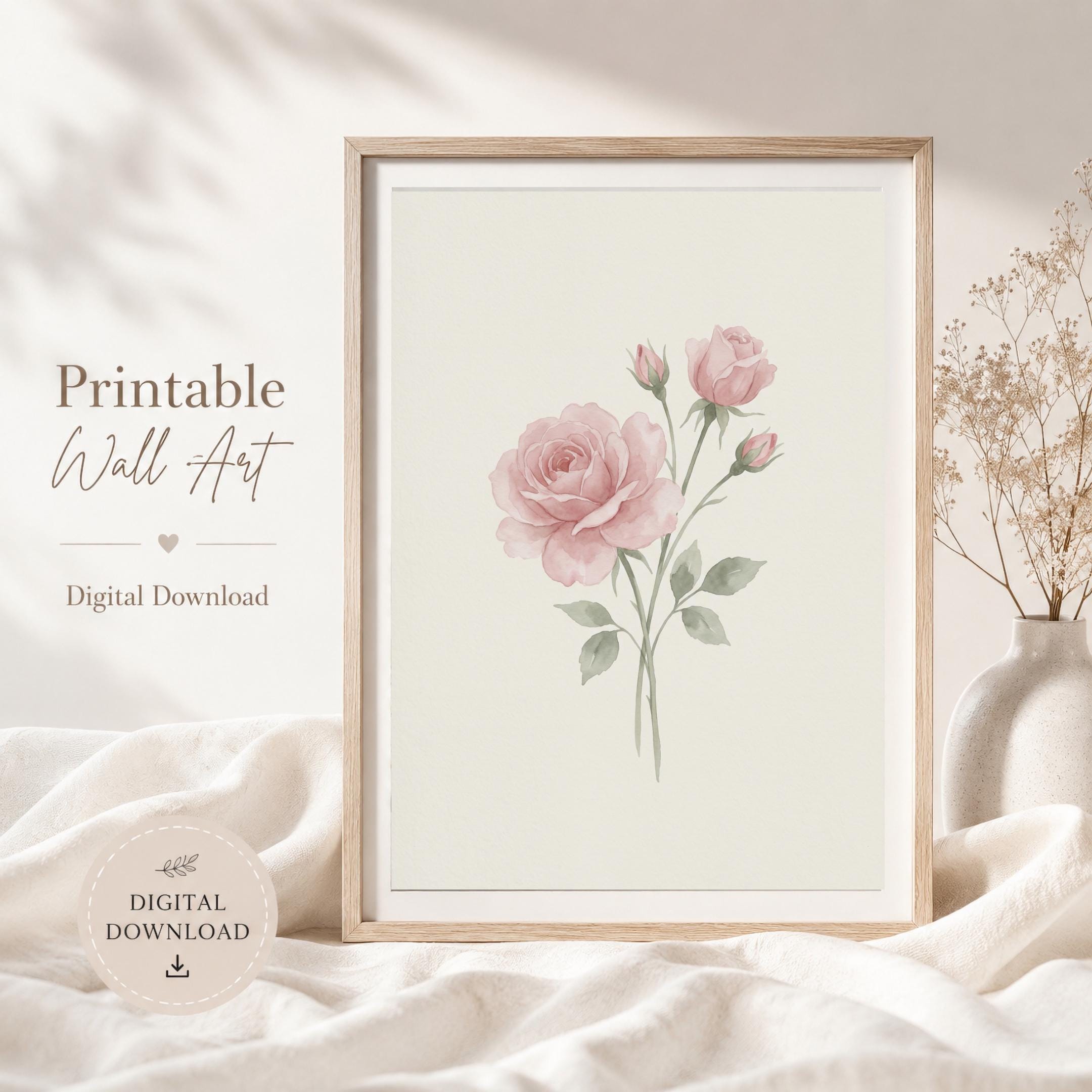 June Birth Flower Print, Pink Rose Botanical Watercolor Art (Digital Download) — image 4