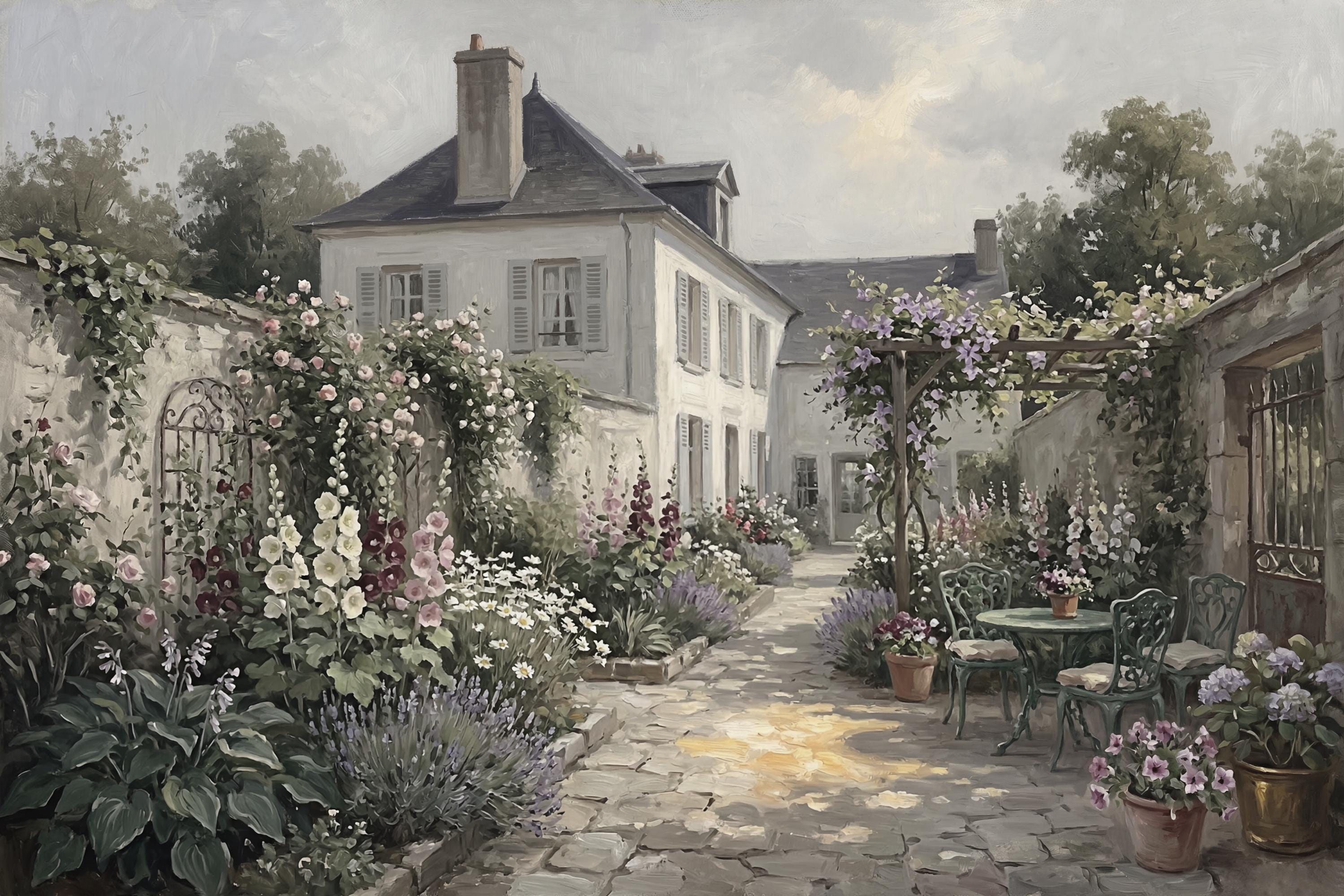 French Courtyard Garden Wall Art, Cottagecore Floral Patio Romantic Home Decor Digital Download — image 2