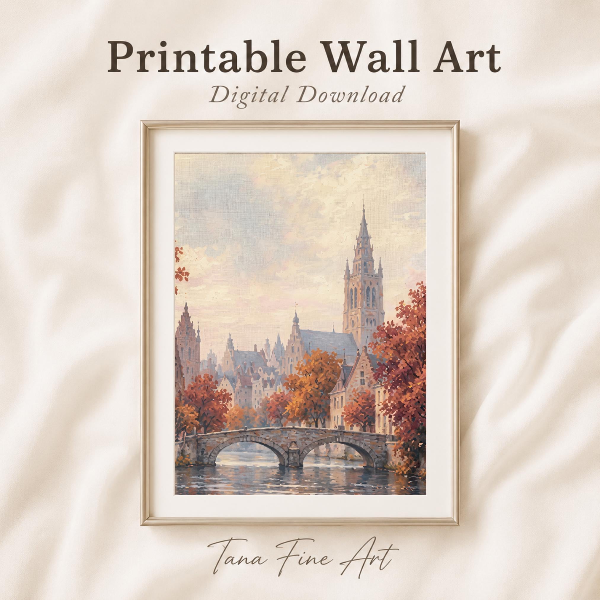 Autumn European City Printable Wall Art, Romantic River Bridge Landscape, Travel Decor Digital Download
