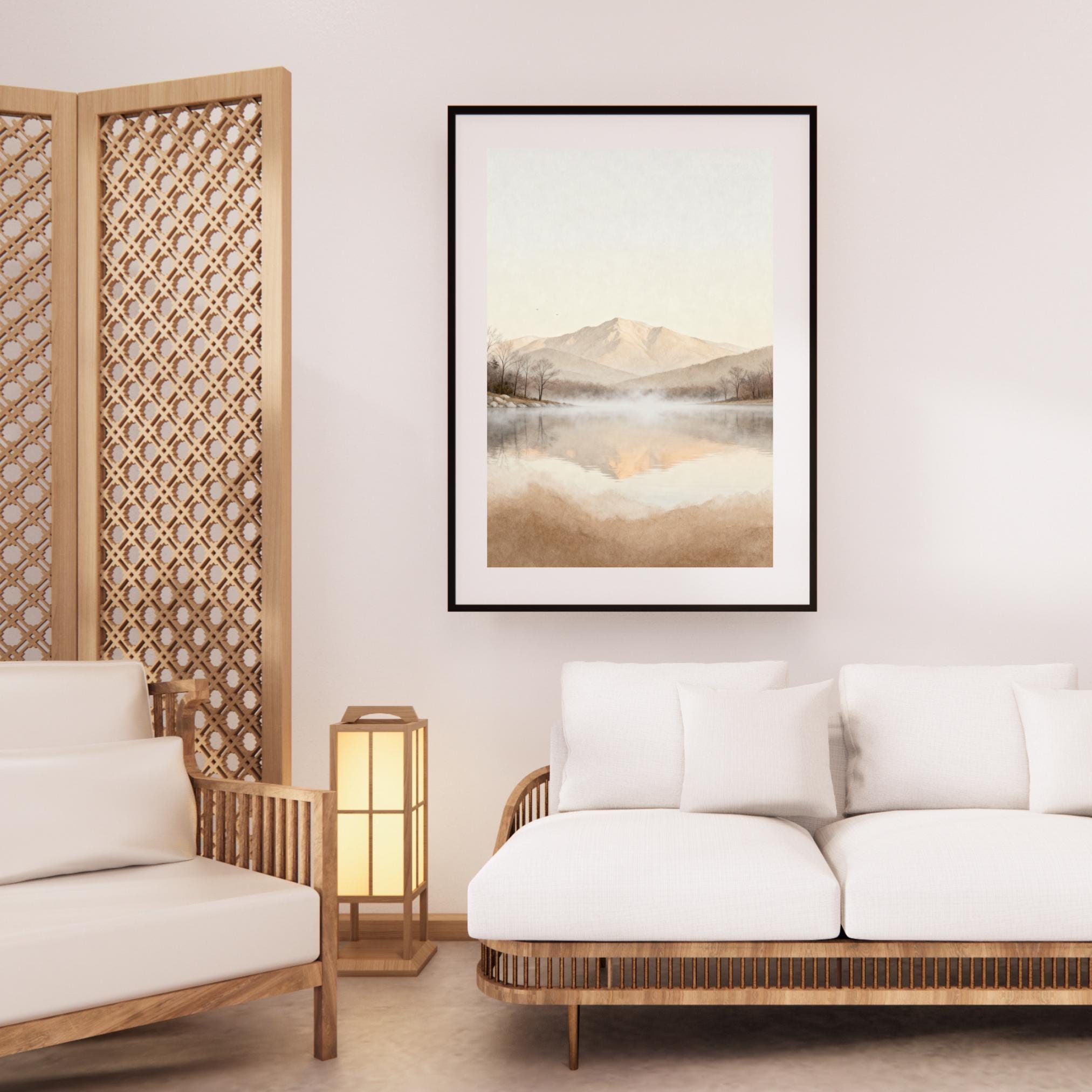 Neutral Mountain Lake Printable Wall Art, Misty Landscape, Minimalist Bedroom Decor Digital Download — image 5