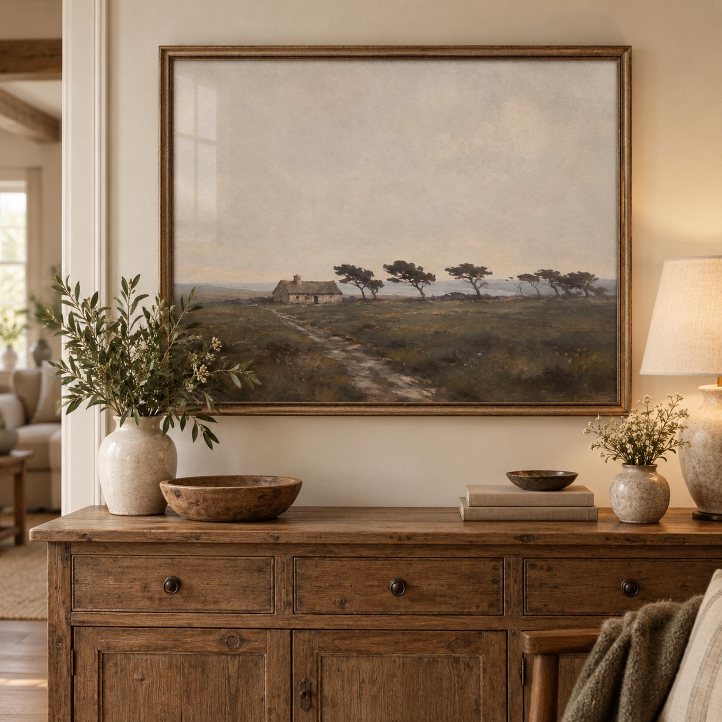 Vintage Stone Cottage Printable Wall Art, Windswept Trees Landscape, Neutral Rustic Countryside Digital Download — image 3