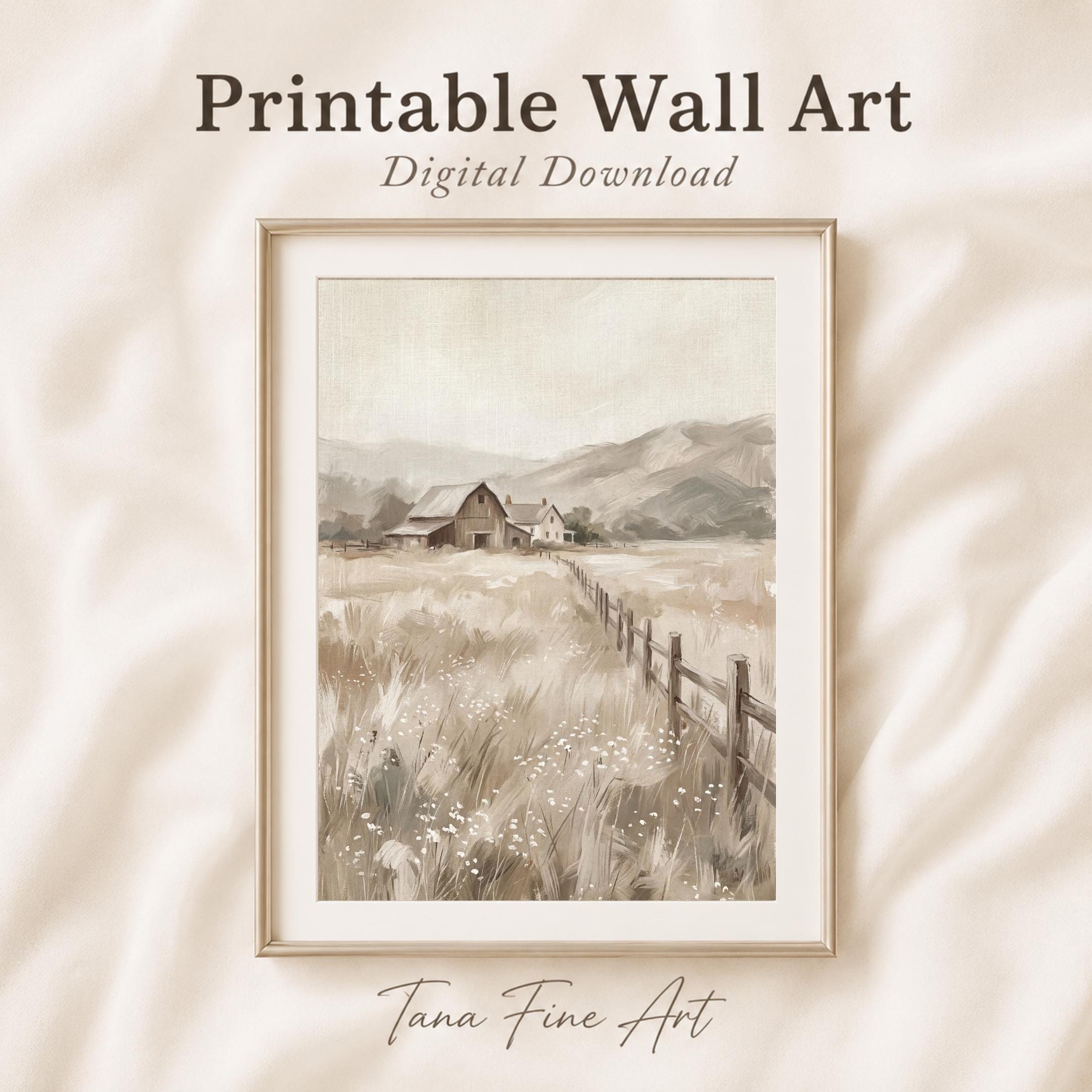 Barn Farmhouse Wall Art Prints | Neutral Landscape Print, Rustic Country Meadow Decor (Digital Download) — image 7