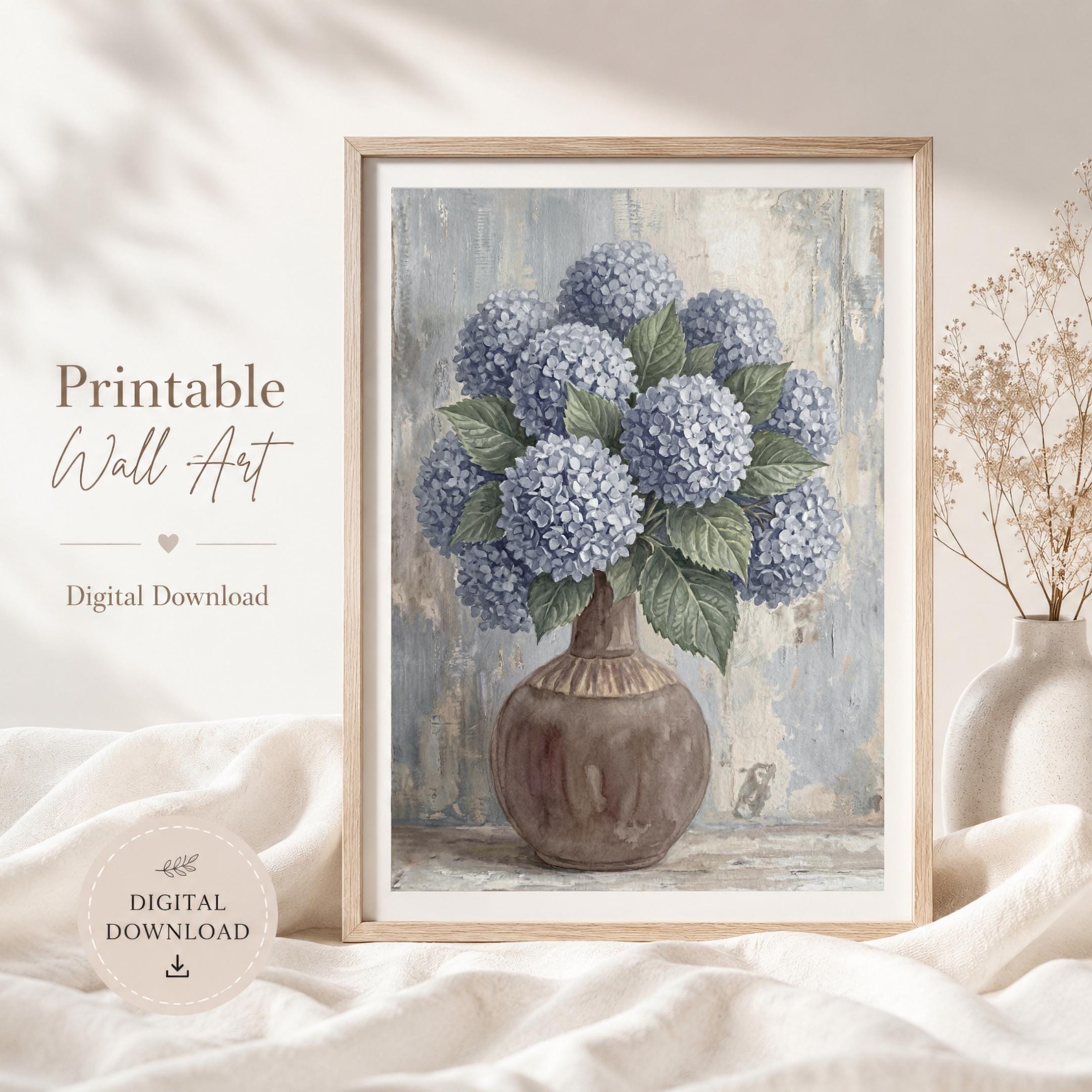 Blue Hydrangea Floral Wall Art Print | Vintage Dusty Blue Botanical Vase (Digital Download) — image 2