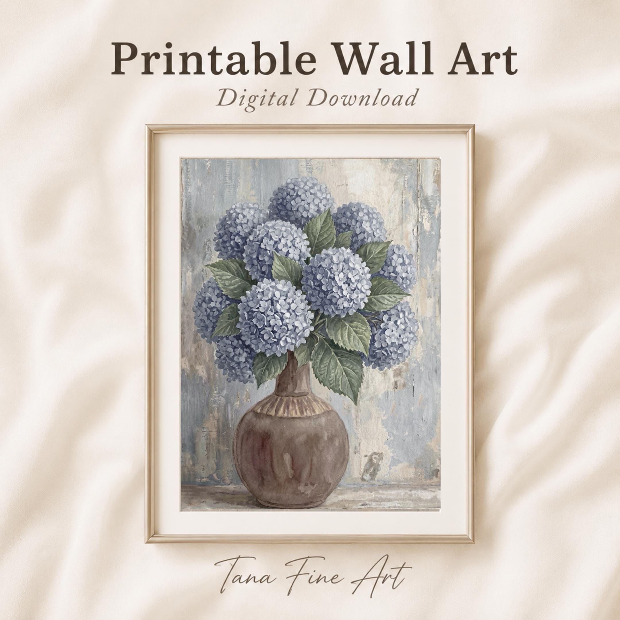 Blue Hydrangea Floral Wall Art Print | Vintage Dusty Blue Botanical Vase (Digital Download)