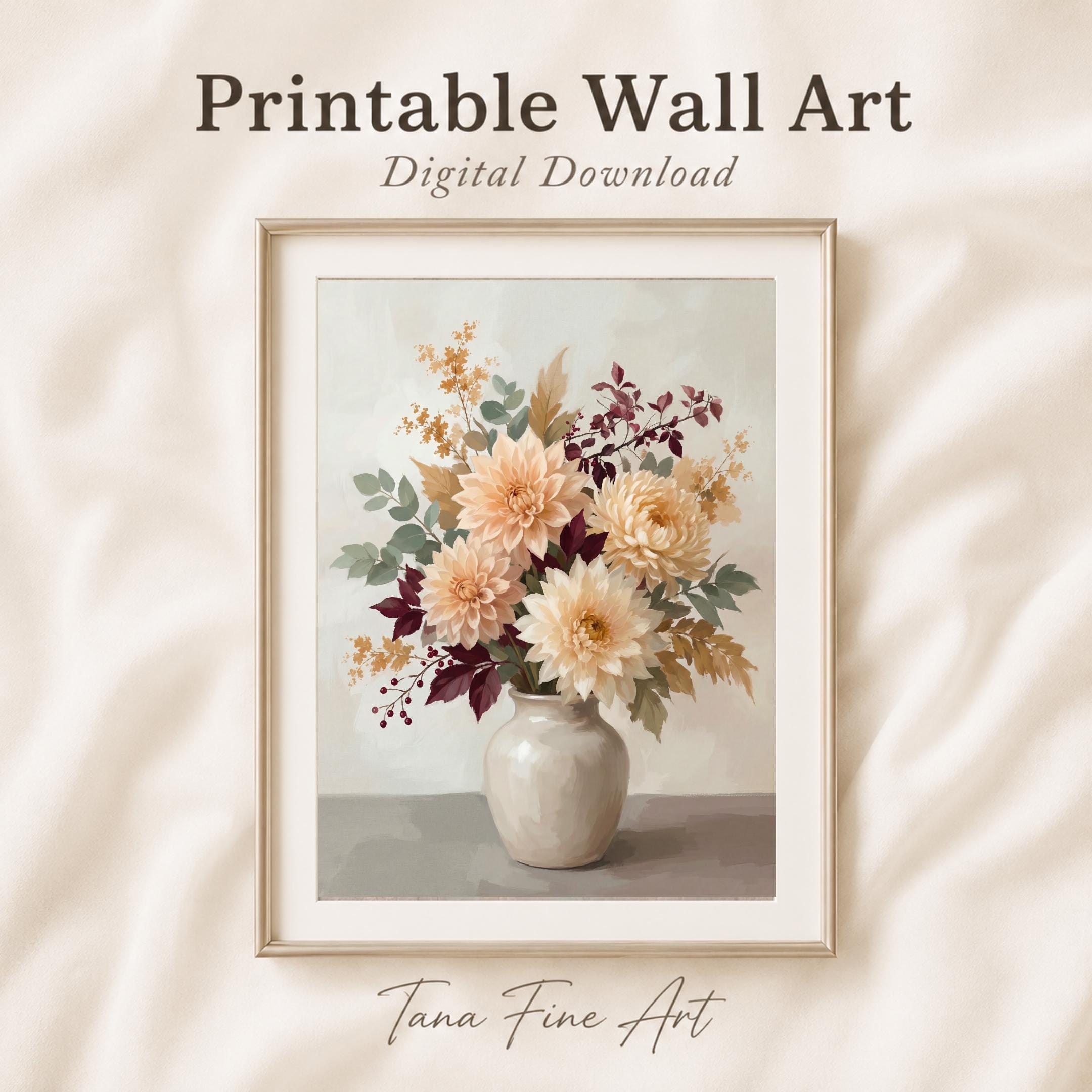 Fall Dahlia Wall Art, Cream Floral Vase Print, Burgundy Autumn Leaf Decor (Digital Download)