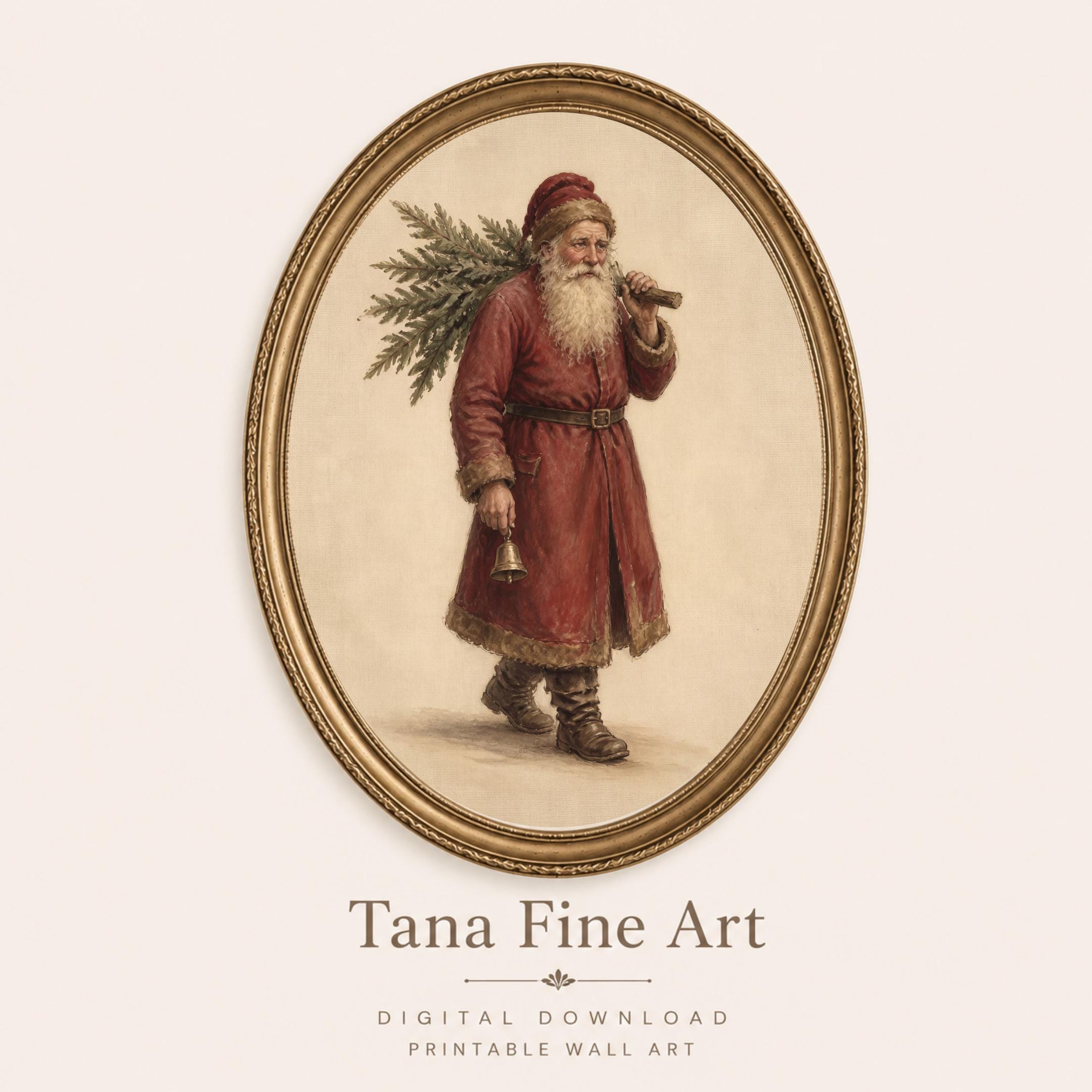 Vintage Santa Carrying Christmas Tree Printable Wall Art, Old World Holiday Digital Download