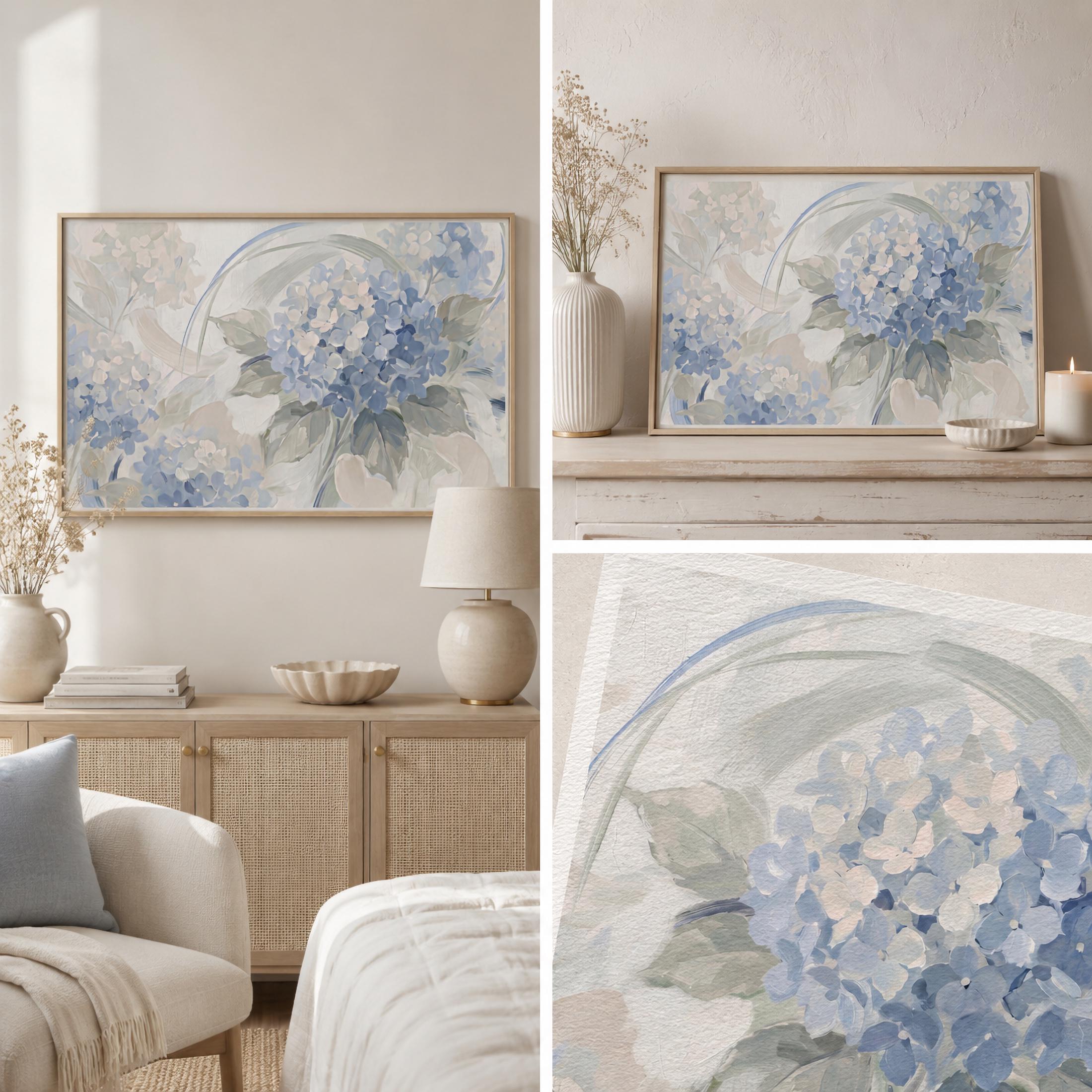 Blue Hydrangea Abstract Printable Wall Art | Soft Floral Living Room Print (Digital Download) — image 3