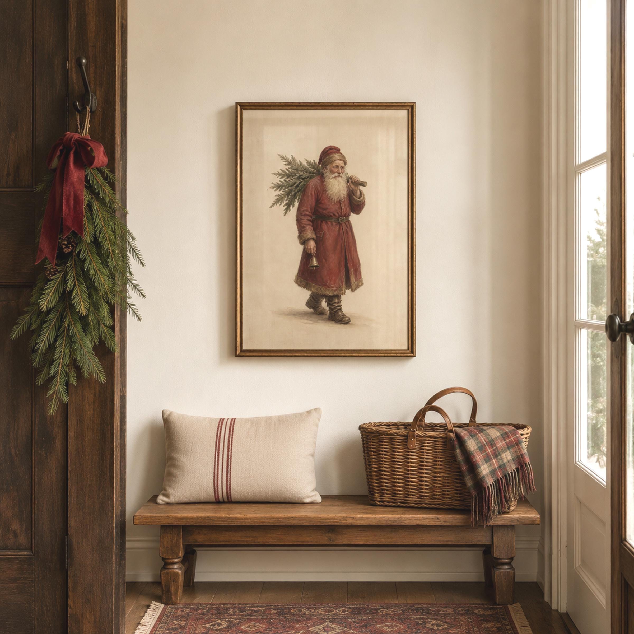Vintage Santa Carrying Christmas Tree Printable Wall Art, Old World Holiday Digital Download — image 2