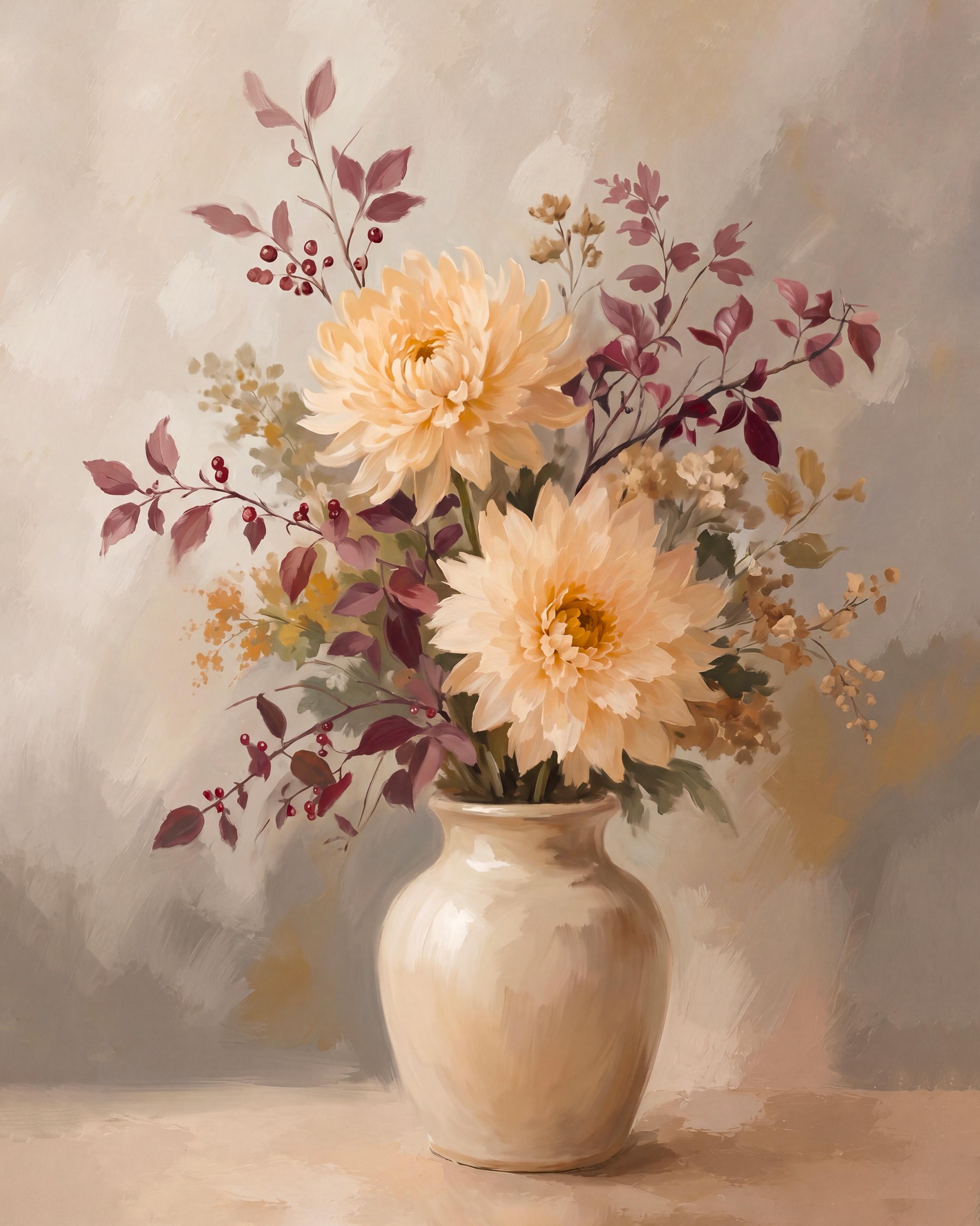 Autumn Dahlia Wall Art, Cream Floral, Neutral Fall Flower Painting, Vintage Farmhouse (Digital Download) — image 2