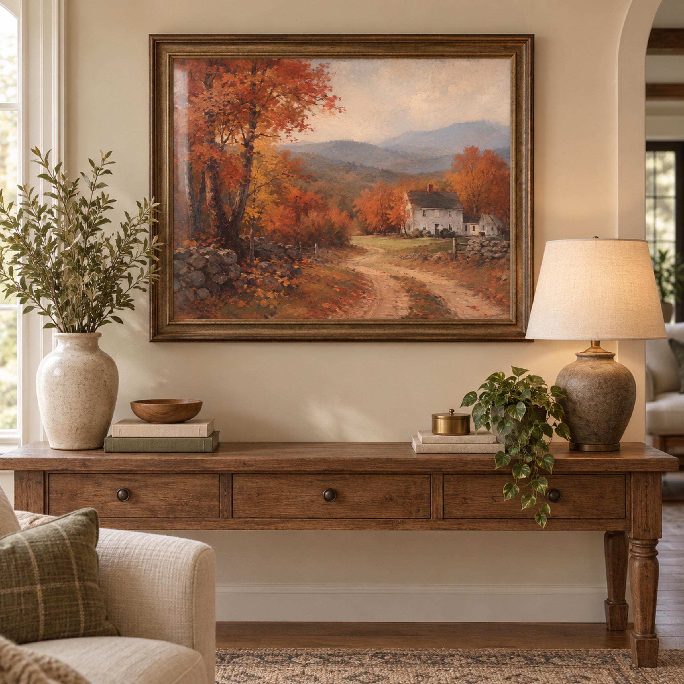 Vintage Fall Cottage Wall Art, New England Autumn Landscape, Rustic Farmhouse Decor Digital Download — image 4