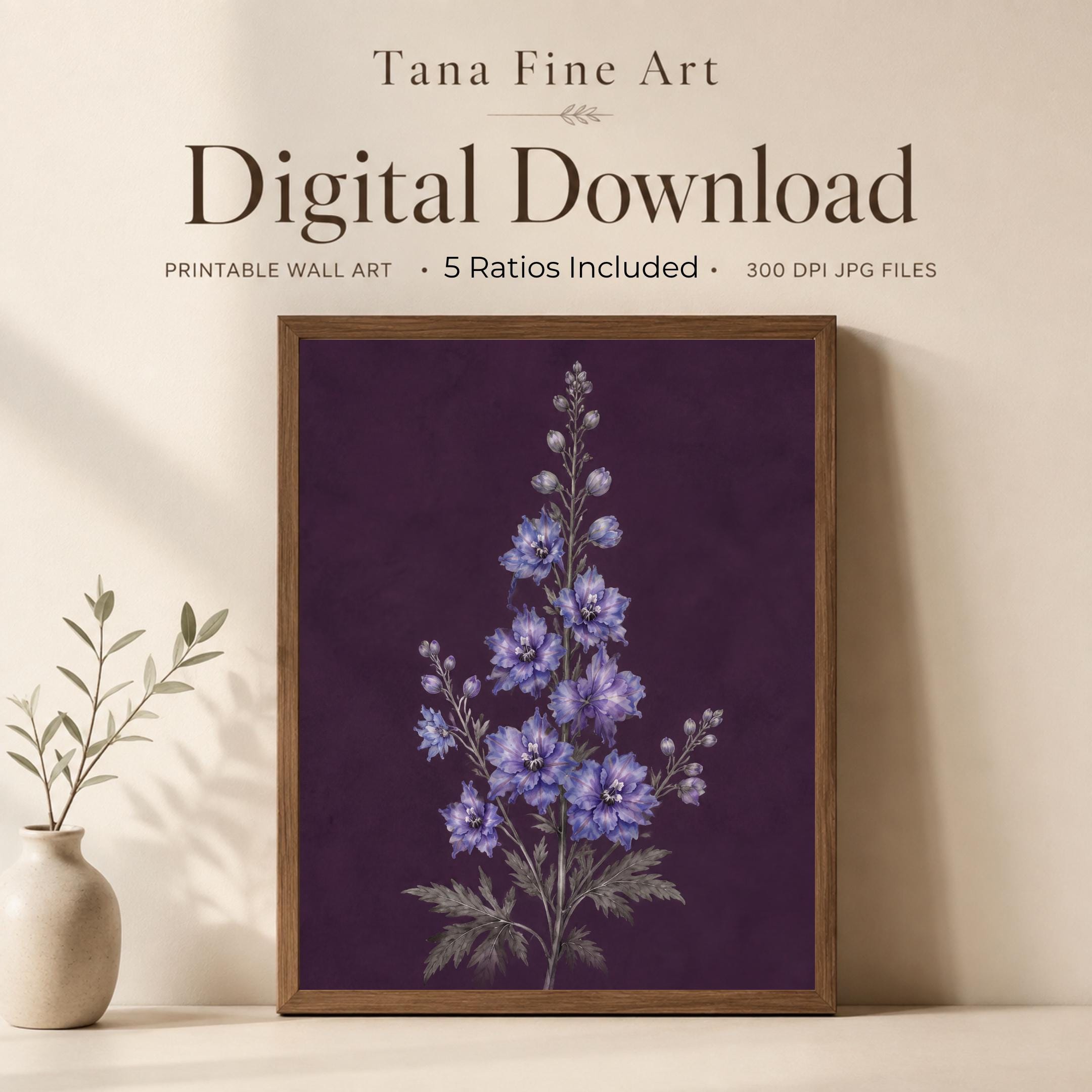 Dark July Birth Flower Print | Larkspur Wall Art | Dark Botanical Digital Download