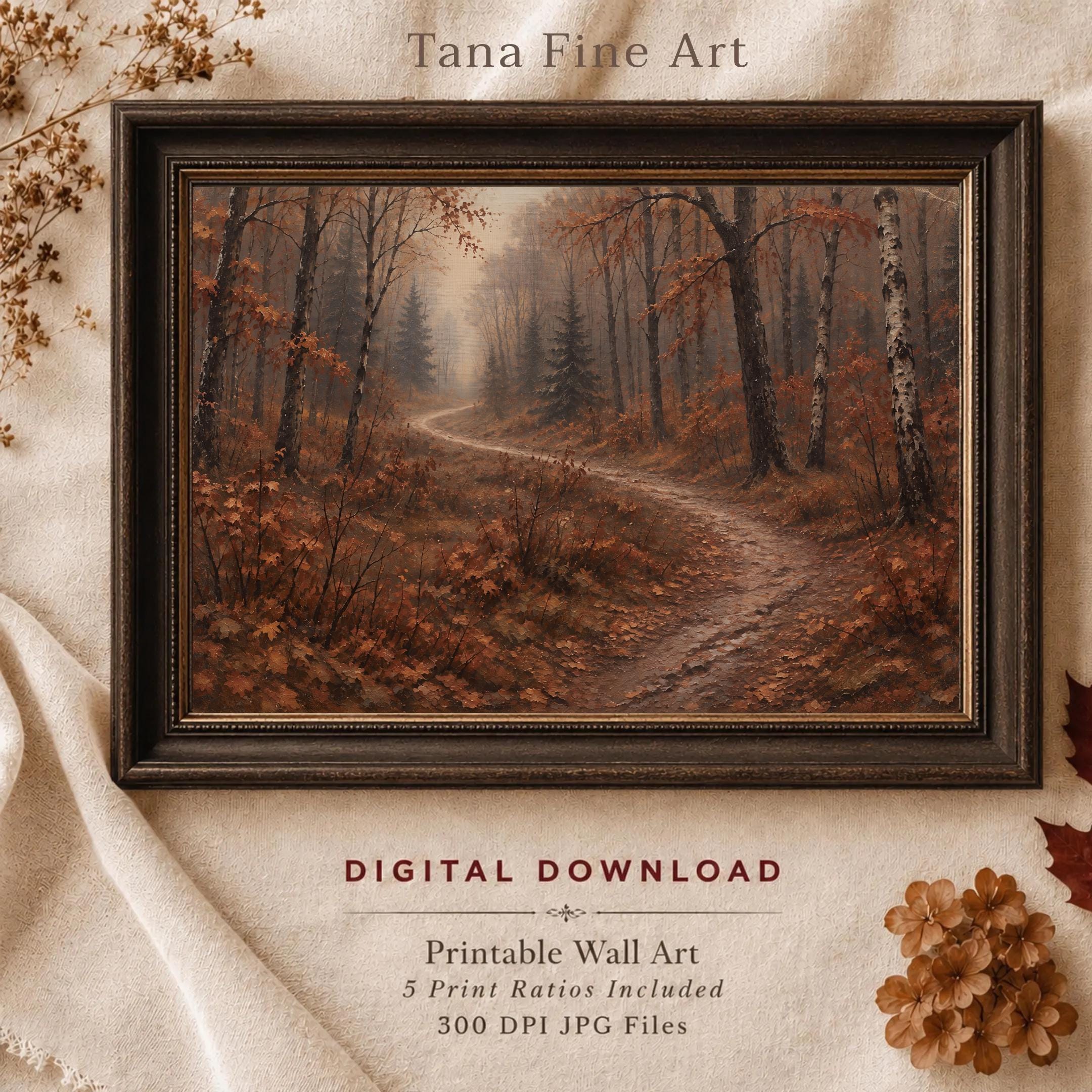 Autumn Forest Path Wall Art, Vintage Style Woodland Landscape, Burnt Orange Digital Download