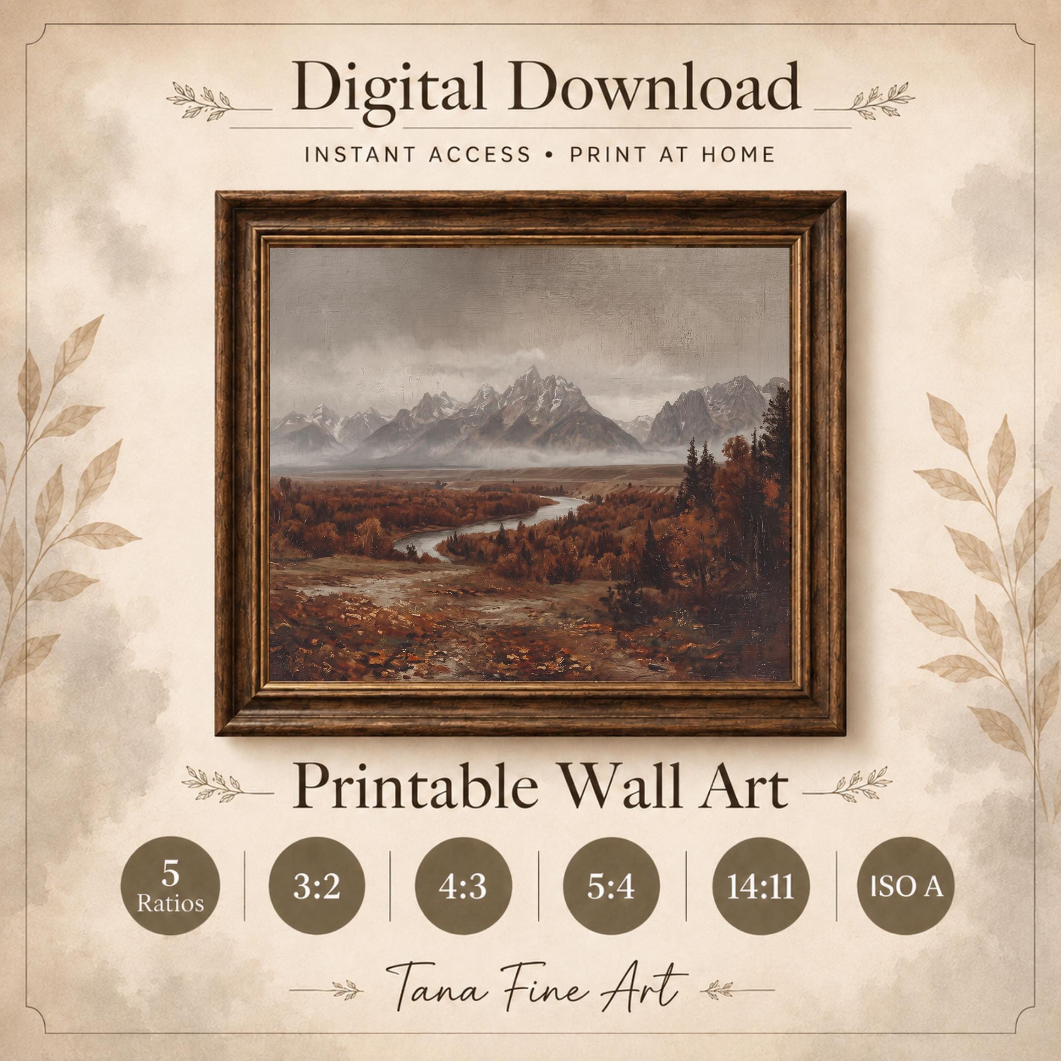 Mountain River Wall Art | Grand Teton Inspired Fall Print | Moody Vintage Landscape Digital Download — image 7
