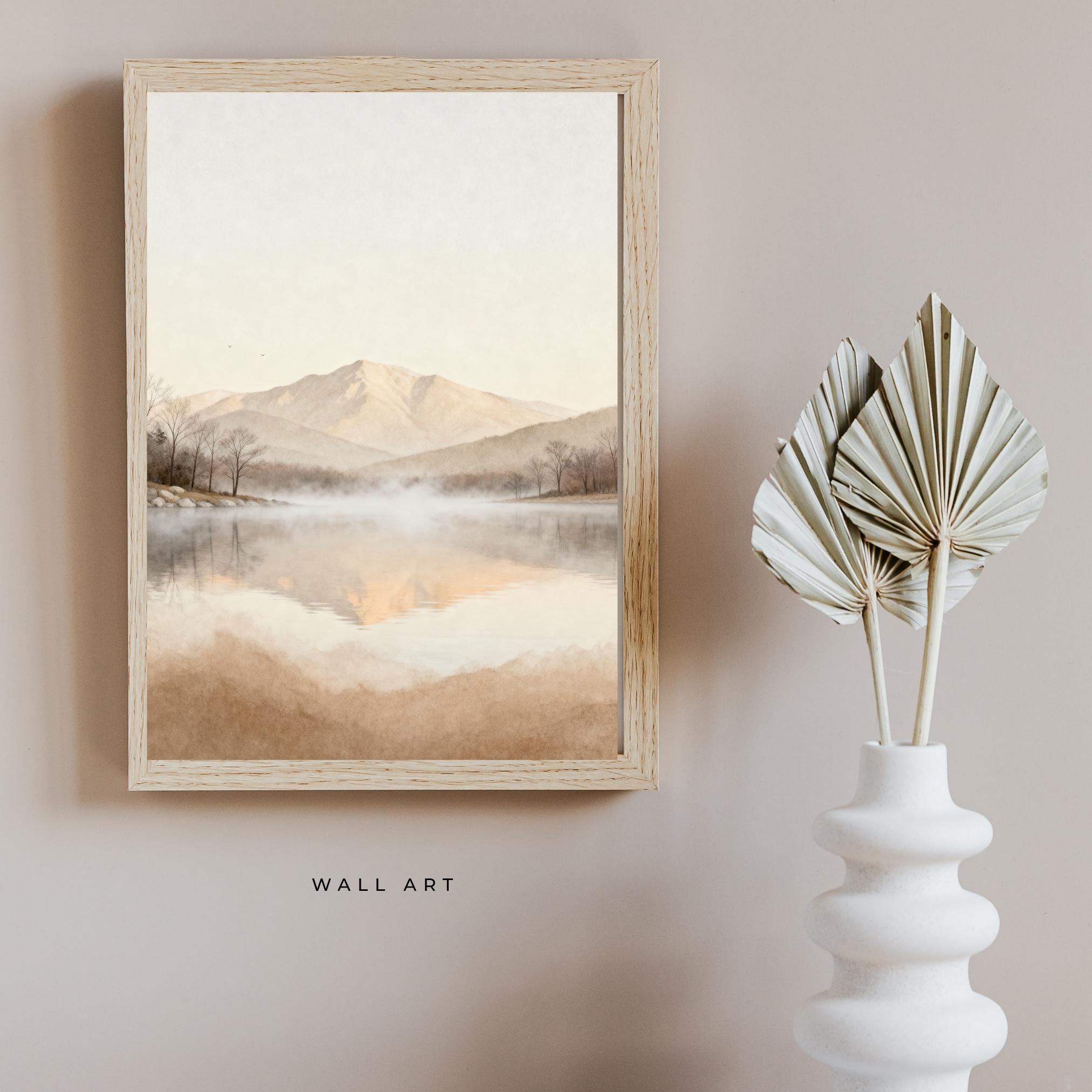 Neutral Mountain Lake Printable Wall Art, Misty Landscape, Minimalist Bedroom Decor Digital Download — image 3